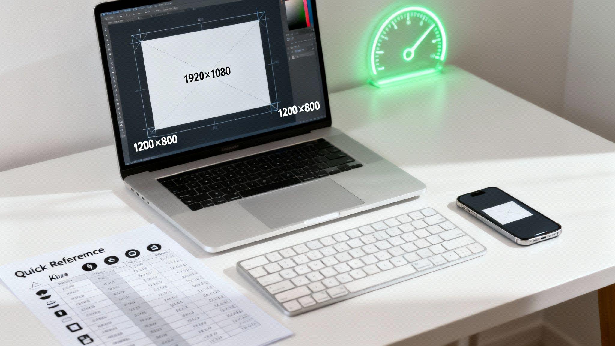 Designer's workspace showing laptop with image dimensions displayed, keyboard, smartphone, reference guide, and neon