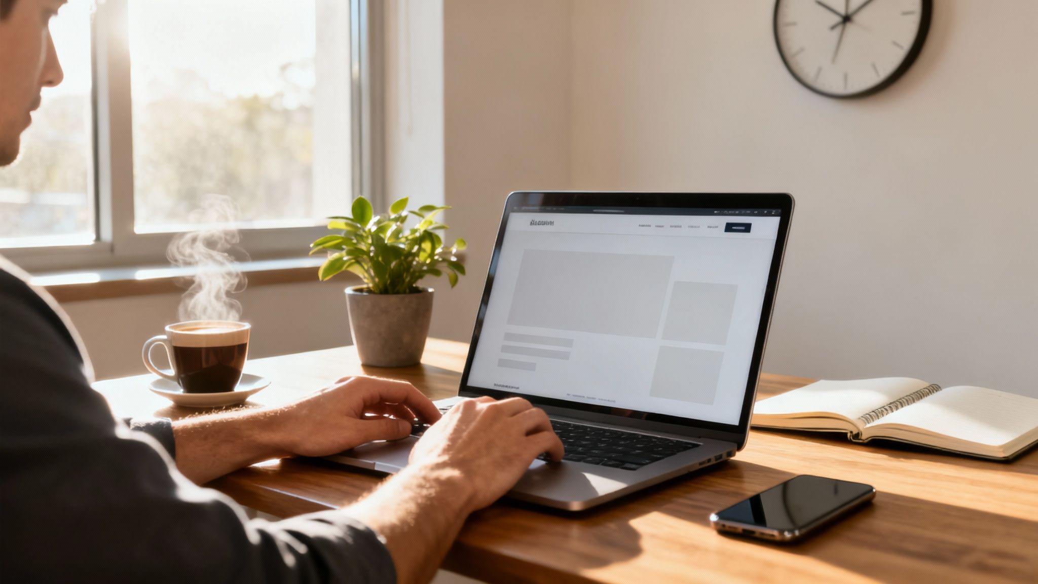 Person working on laptop at wooden desk with coffee, plant, and notebook by sunny window