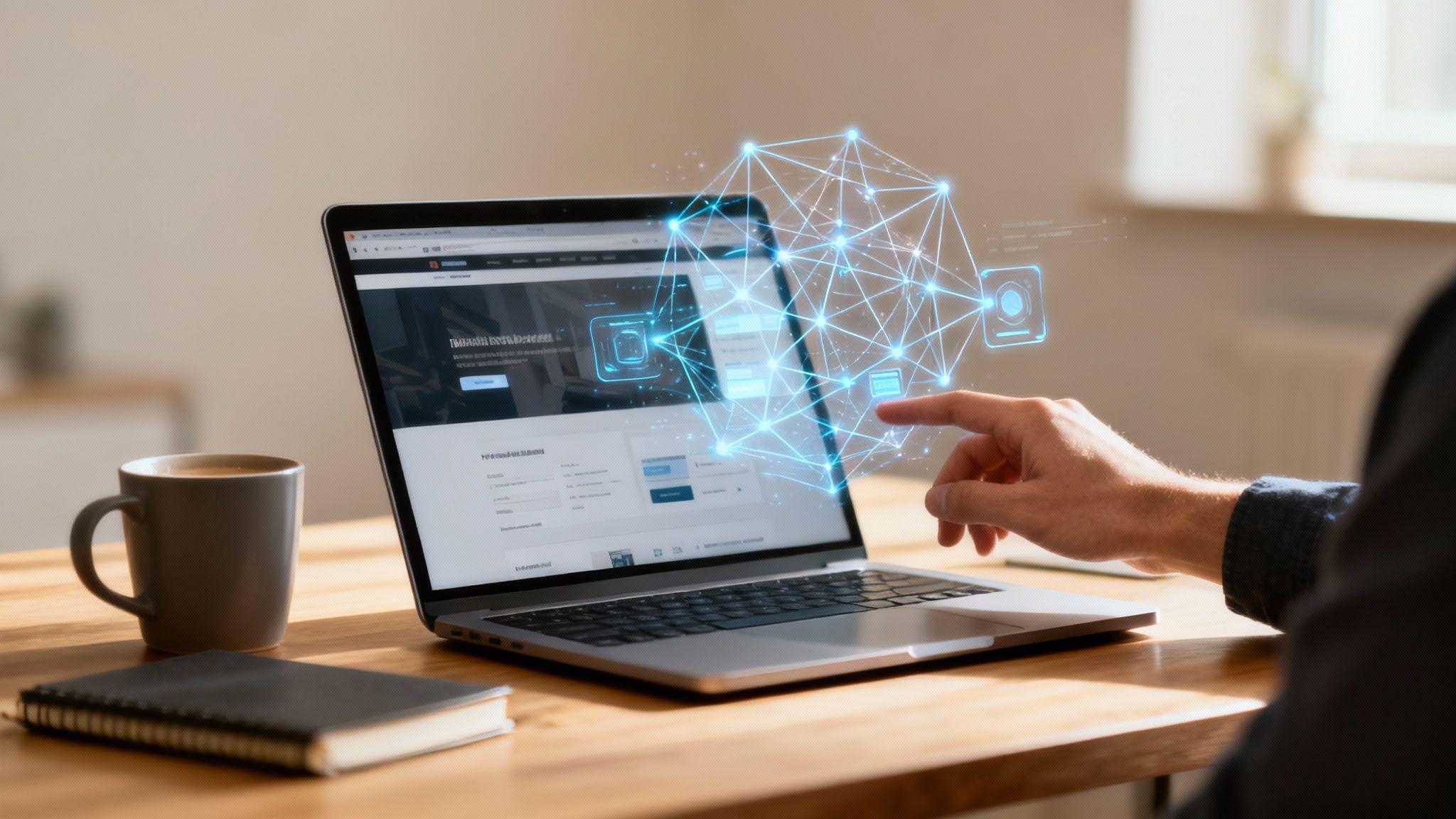 Person at laptop with digital AI network visualization and connected nodes representing artificial intelligence technology