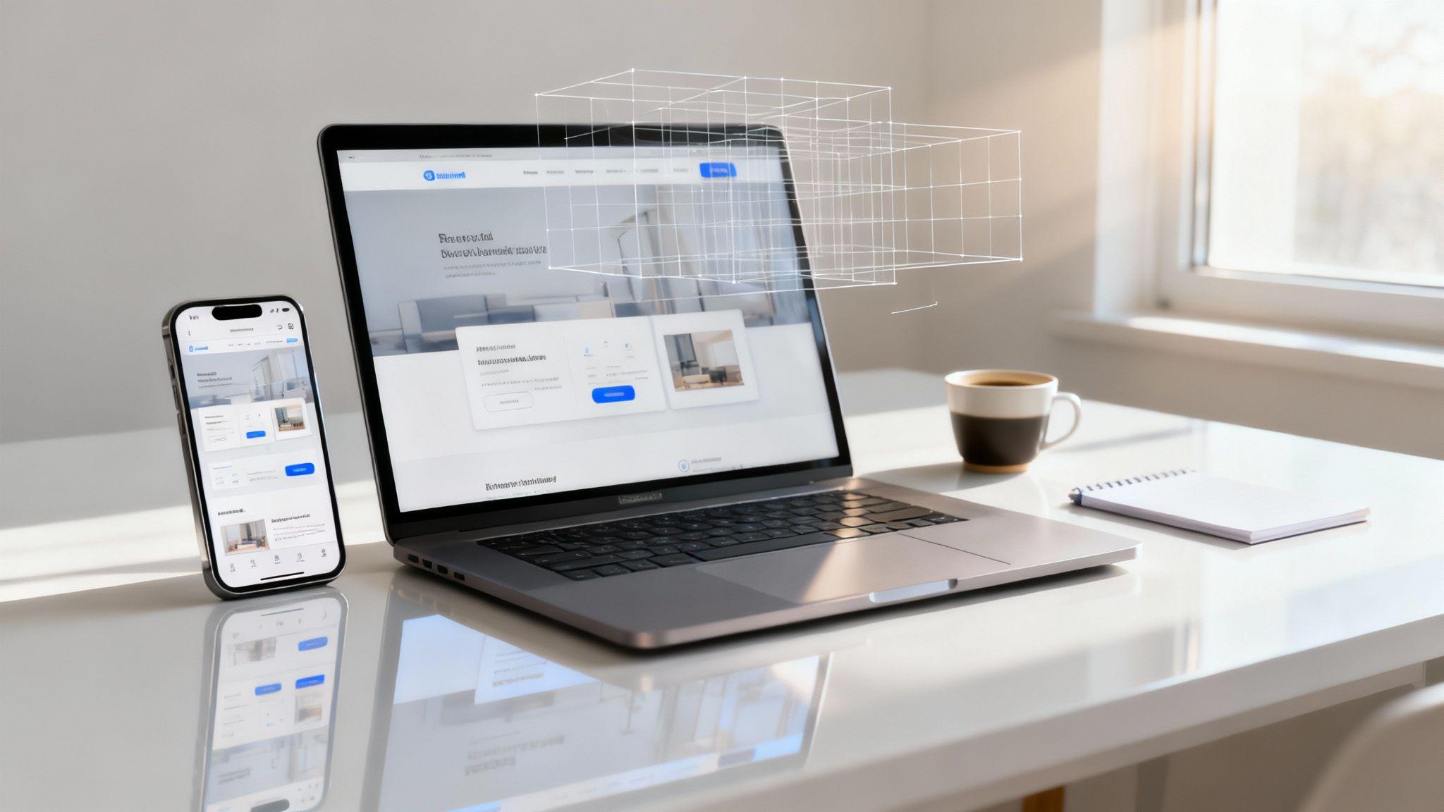 Responsive web design displayed on laptop and smartphone showing mobile-friendly interface with 3D wireframe overlay.