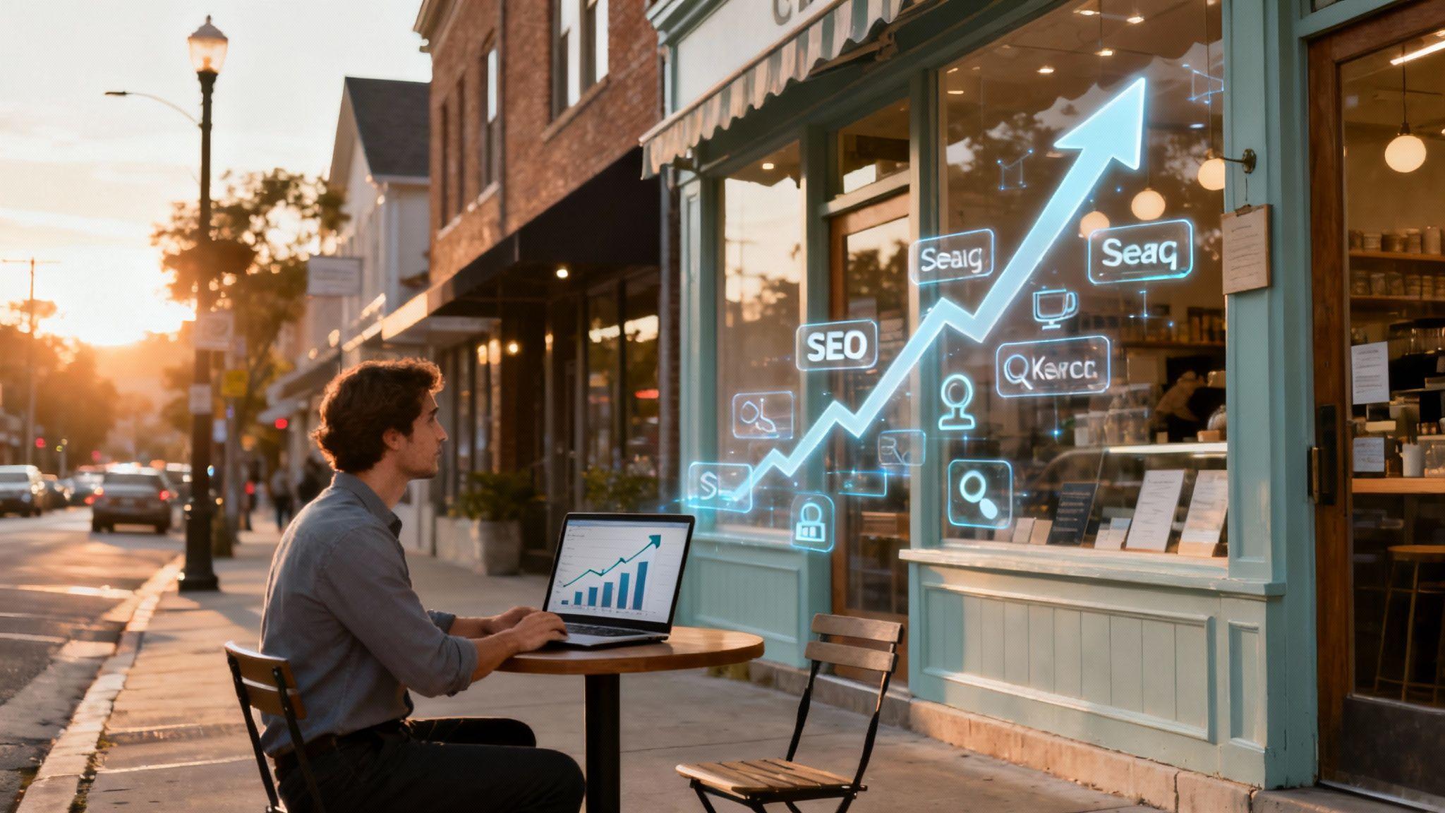 Entrepreneur working on laptop outdoors with digital SEO icons and growth chart displayed on storefront window