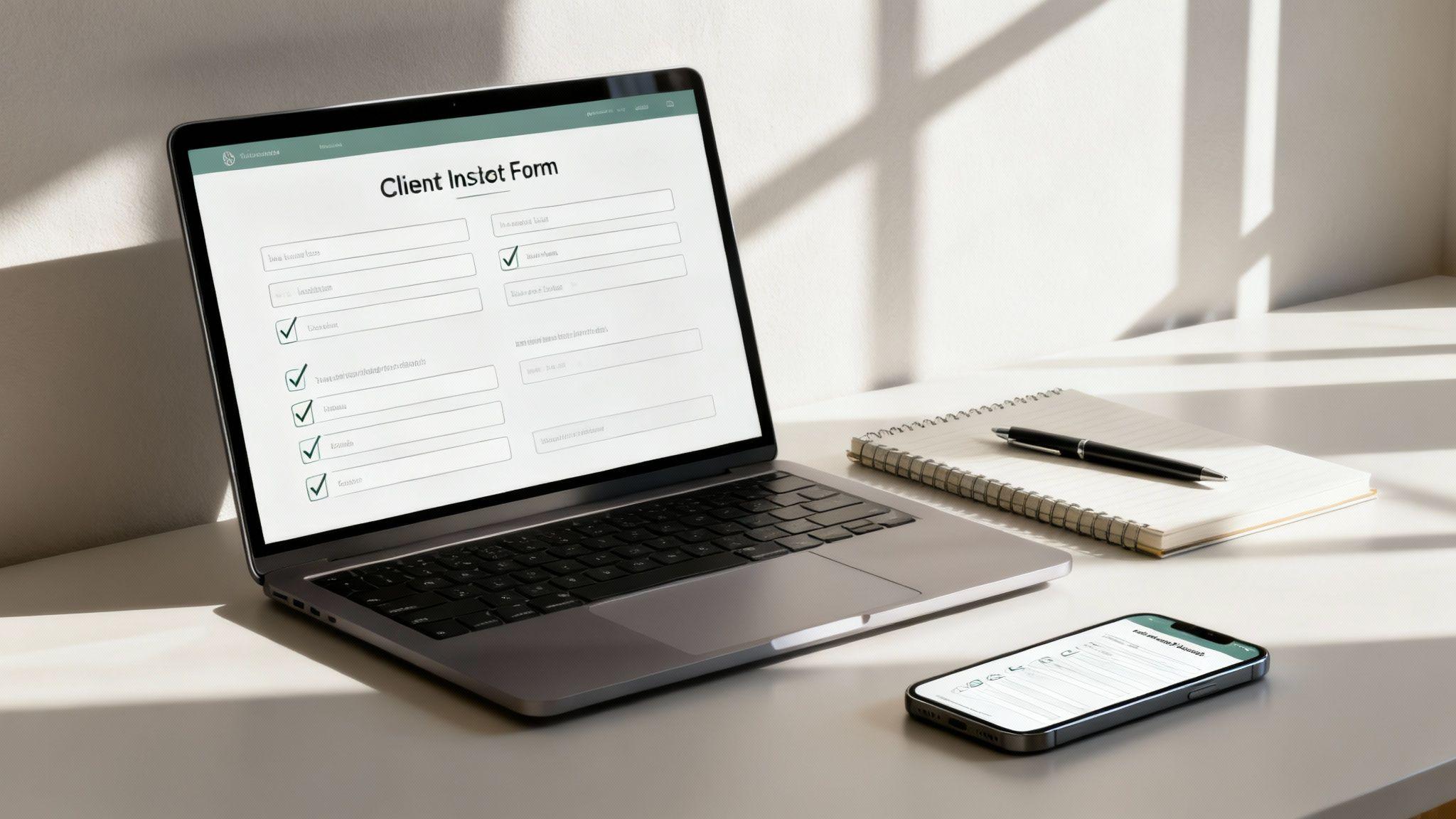 Laptop displaying a client intake form with checkboxes and input fields on a desk with notebook and phone