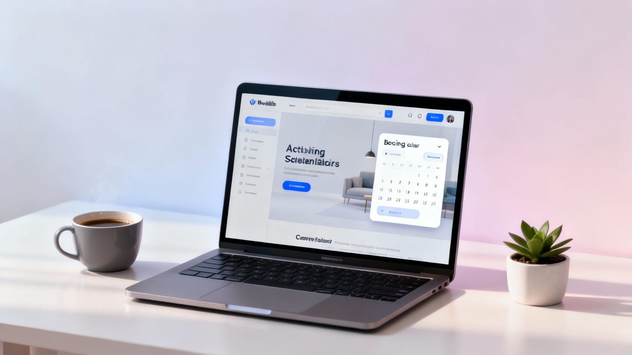 Laptop displaying booking system interface with calendar popup, coffee cup and plant on desk