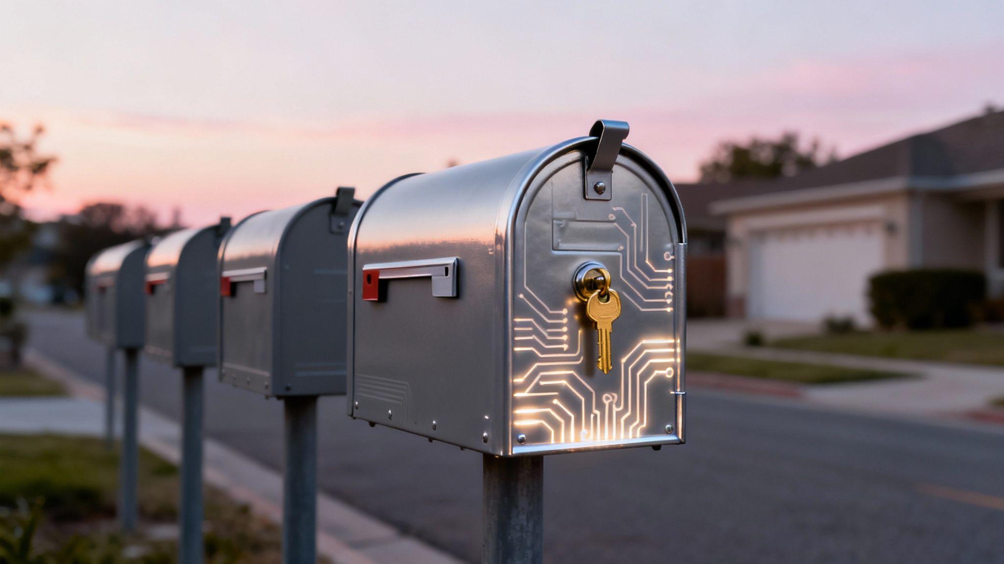 Row of modern metallic mailboxes with circuit board design and gold key at twilight in residential neighborhood