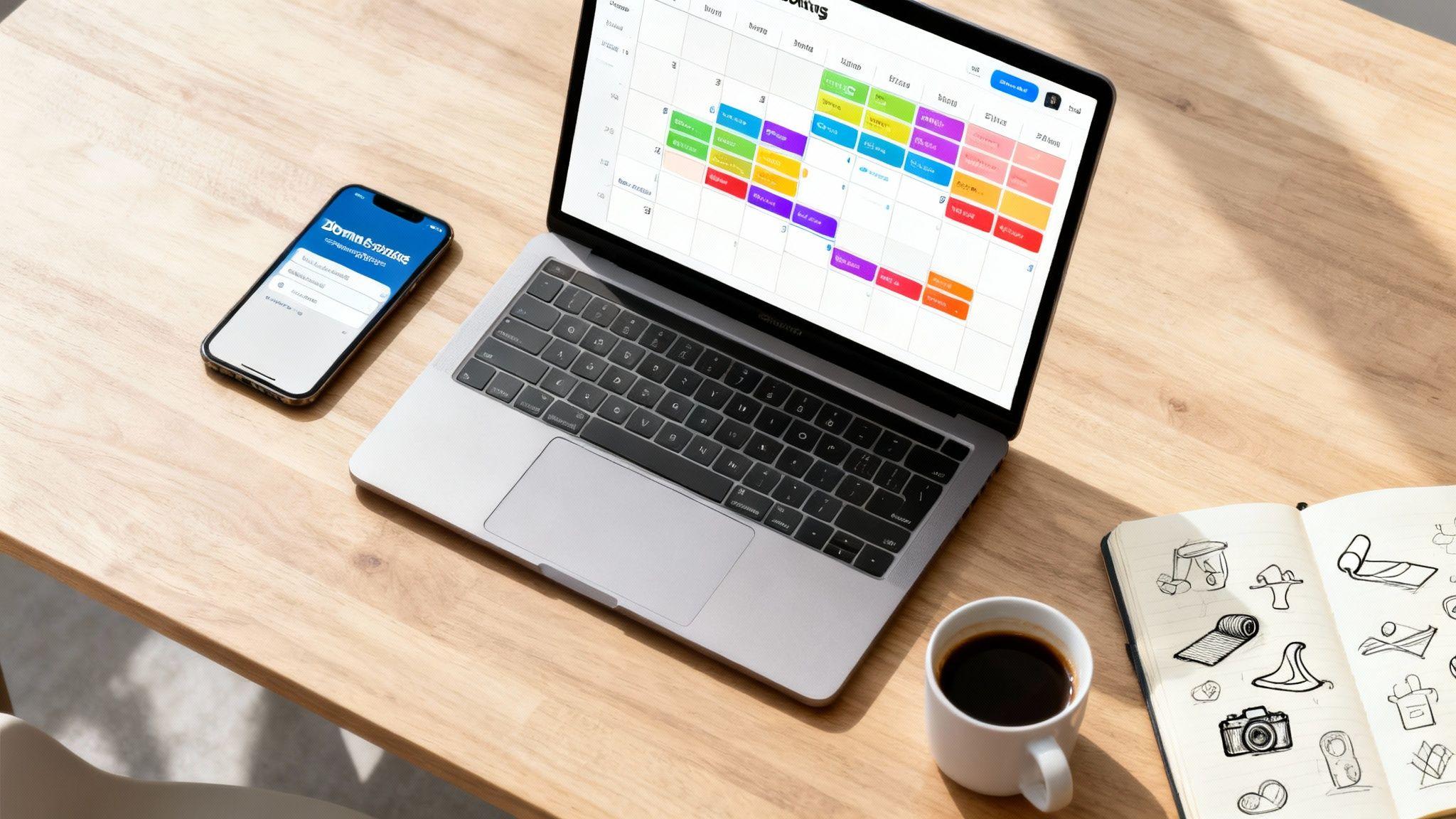Project planning workspace with colorful calendar scheduling on laptop, smartphone, coffee cup, and sketches on wooden desk.