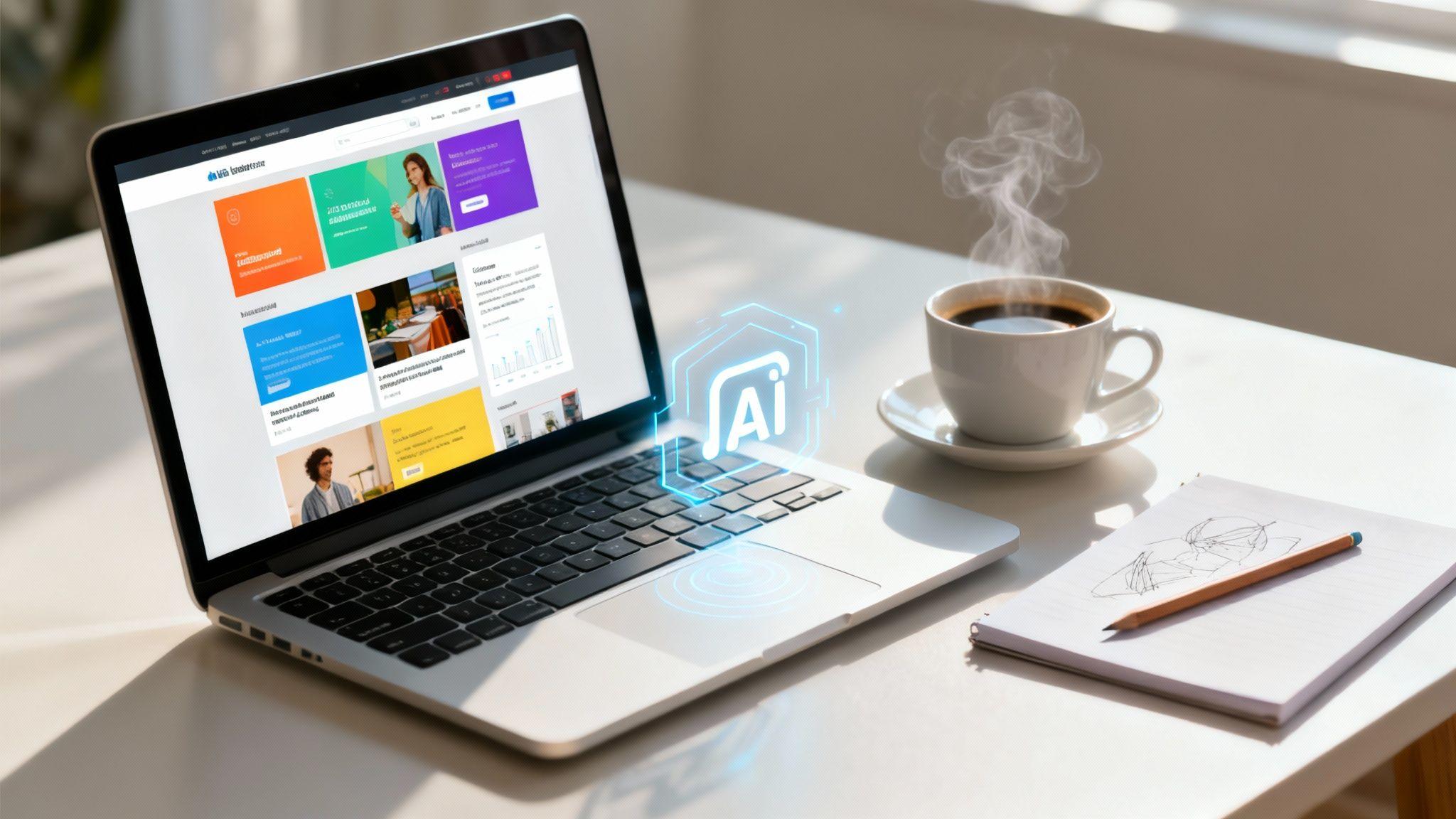 Modern workspace showing laptop with colorful website builder interface, AI icon, coffee cup, and sketch notebook in natural