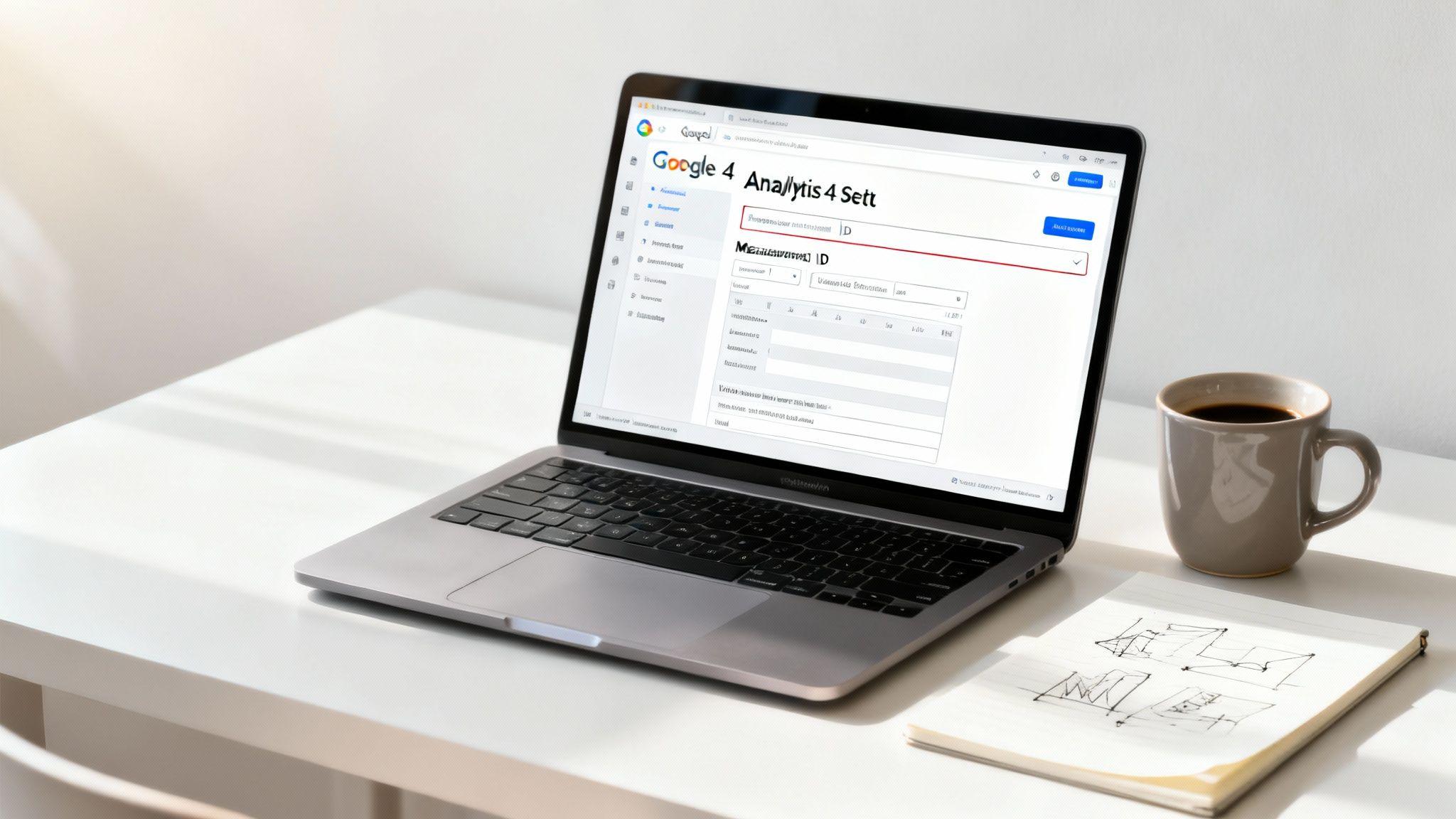 Laptop displaying Google Analytics 4 setup interface with coffee mug and notepad on desk