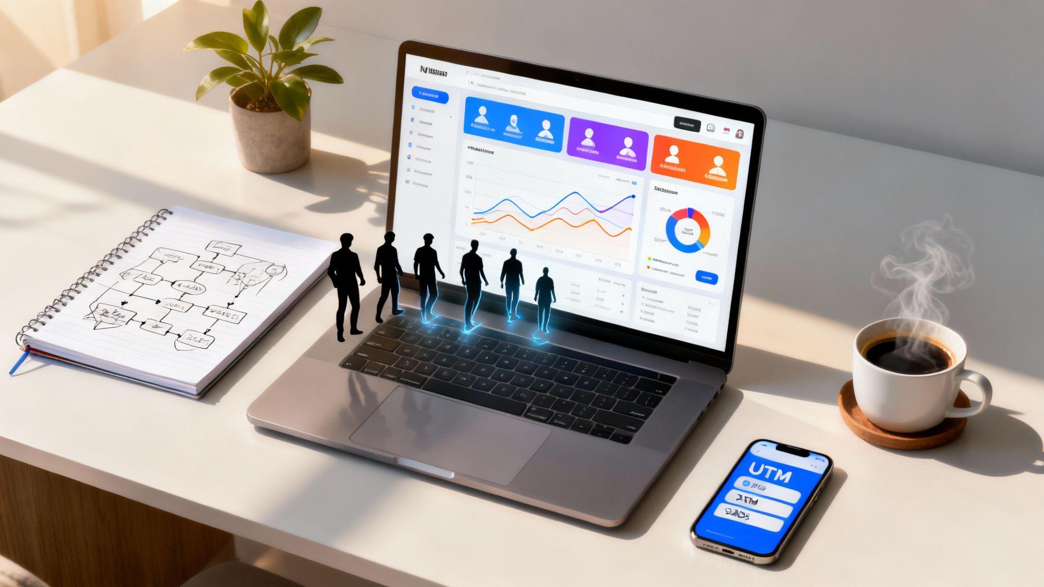 Team analytics dashboard with visitor metrics, line graphs, pie charts, and people silhouettes on laptop screen with