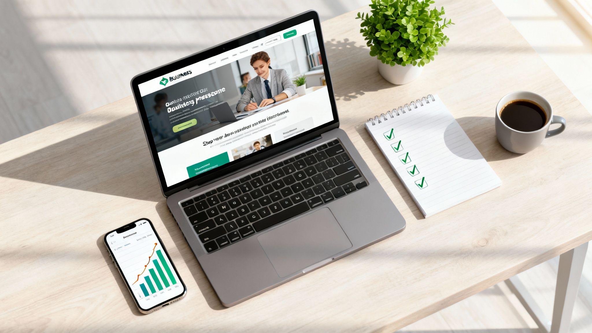 Professional workspace with laptop displaying business website, smartphone with analytics, notebook with checkmarks, coffee