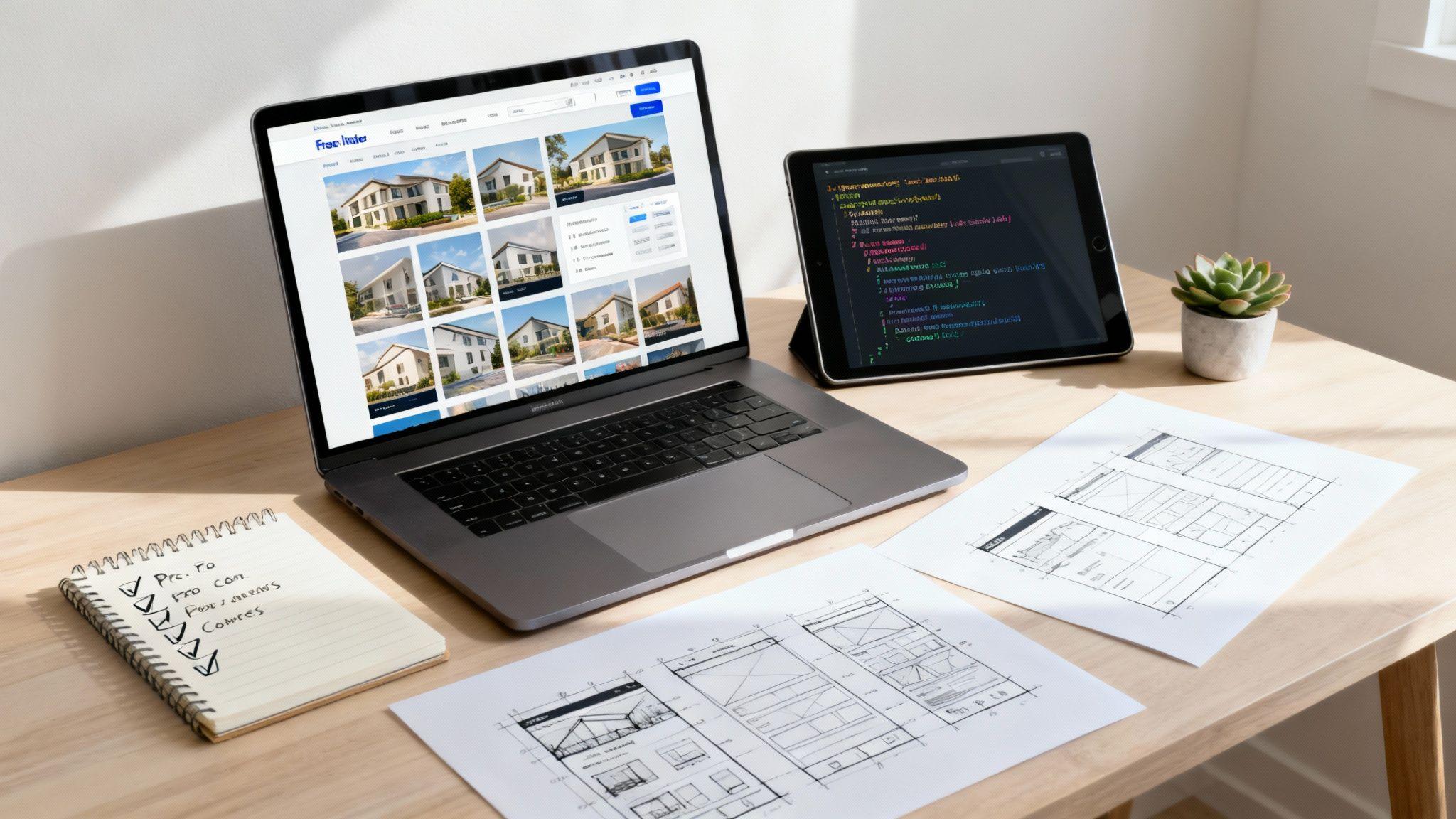 Real estate website design workspace with laptop, tablet, architectural blueprints and property photos on desk