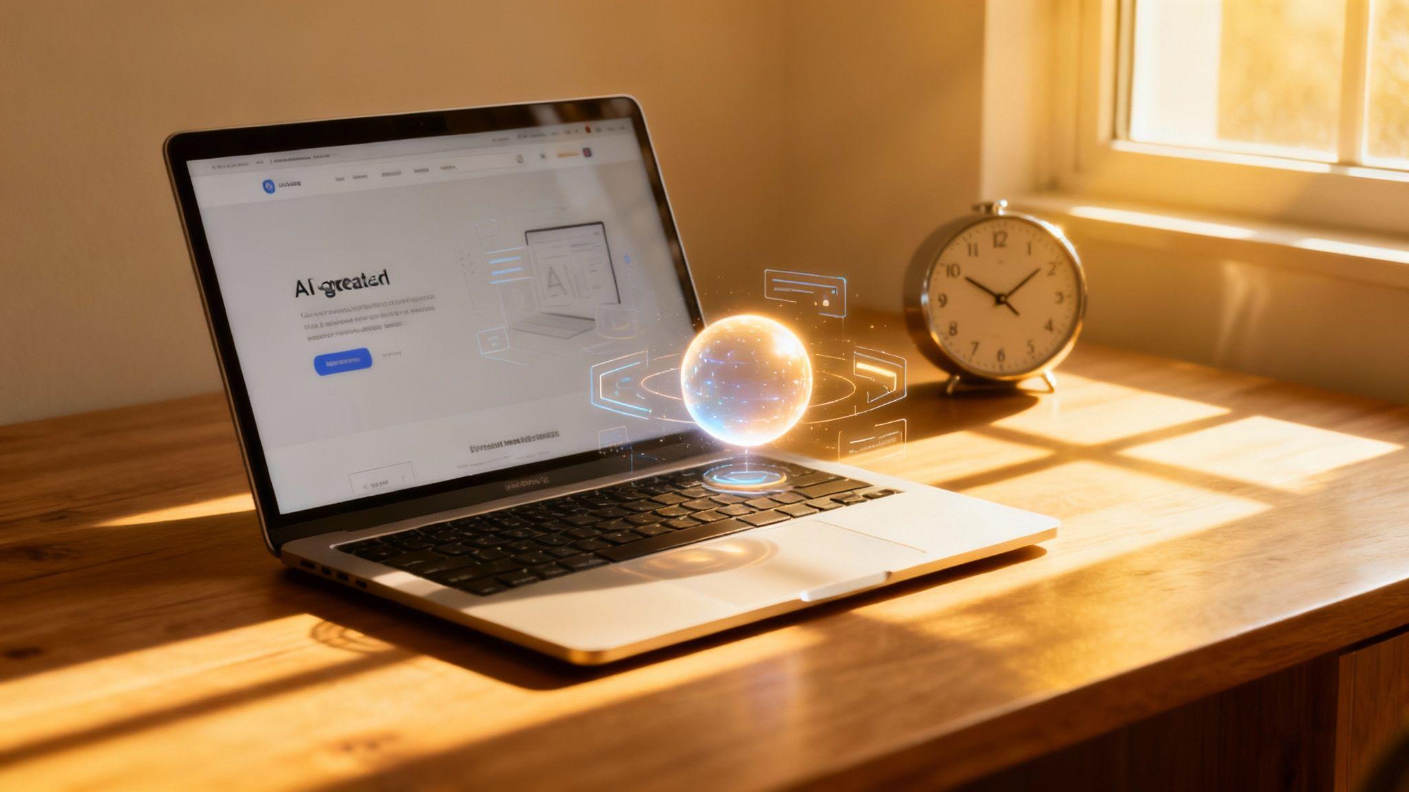 Laptop displaying AI website builder interface with glowing holographic sphere and clock on wooden desk in sunlit room