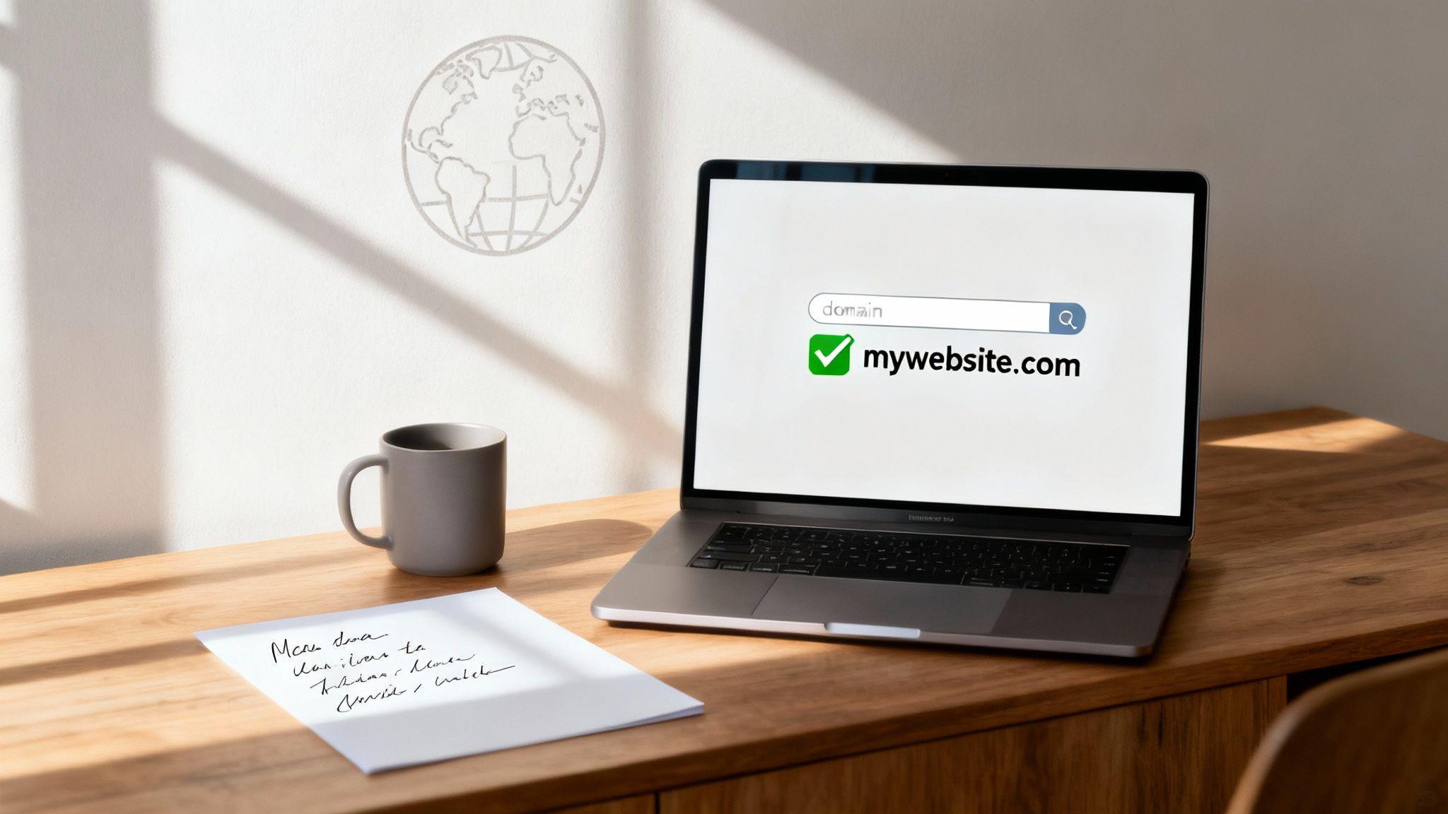 Laptop displaying domain registration search for mywebsite.com with green checkmark, coffee mug and notepad on wooden desk