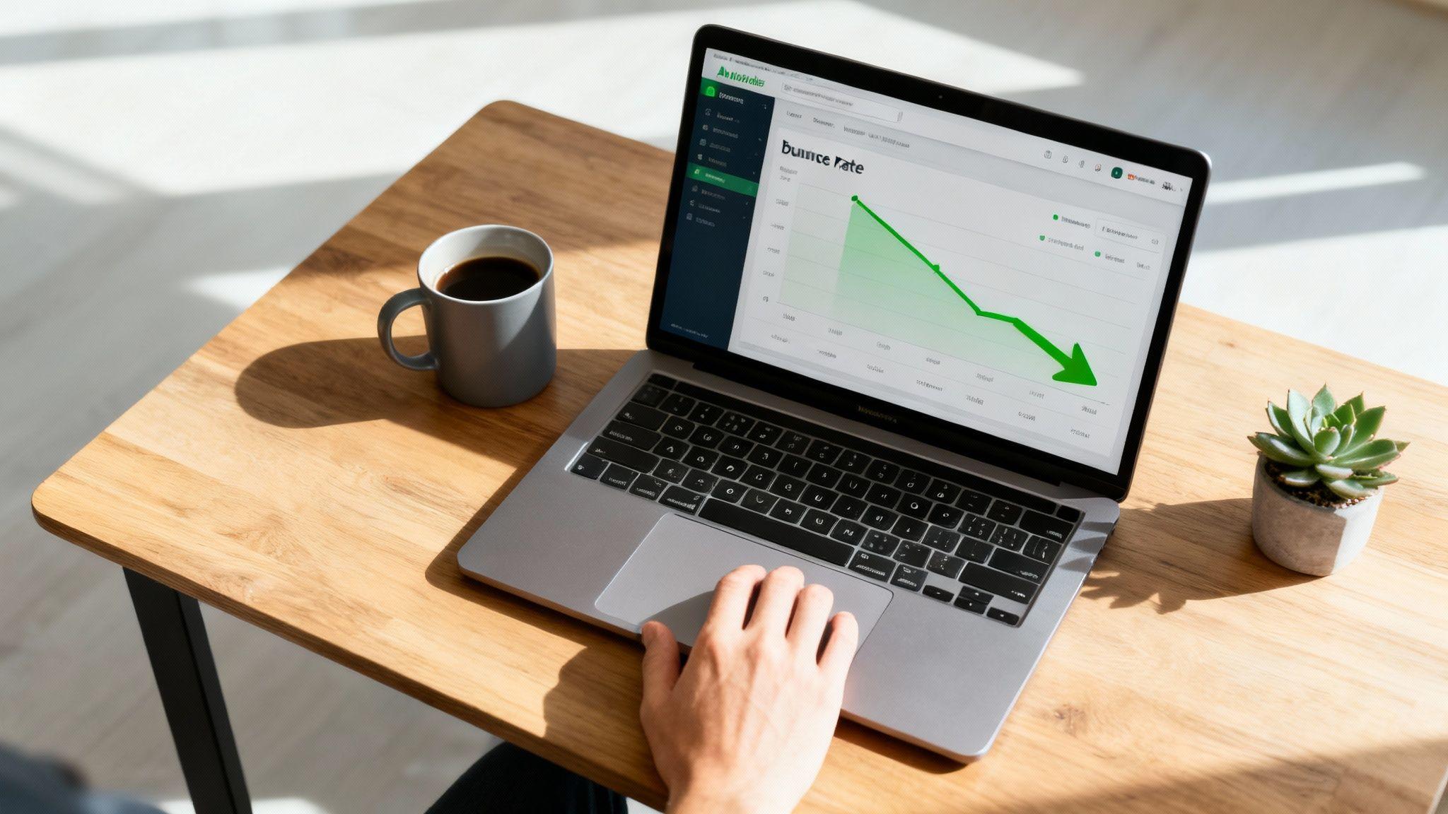 Person analyzing bounce rate analytics dashboard on laptop at wooden desk with coffee and plant