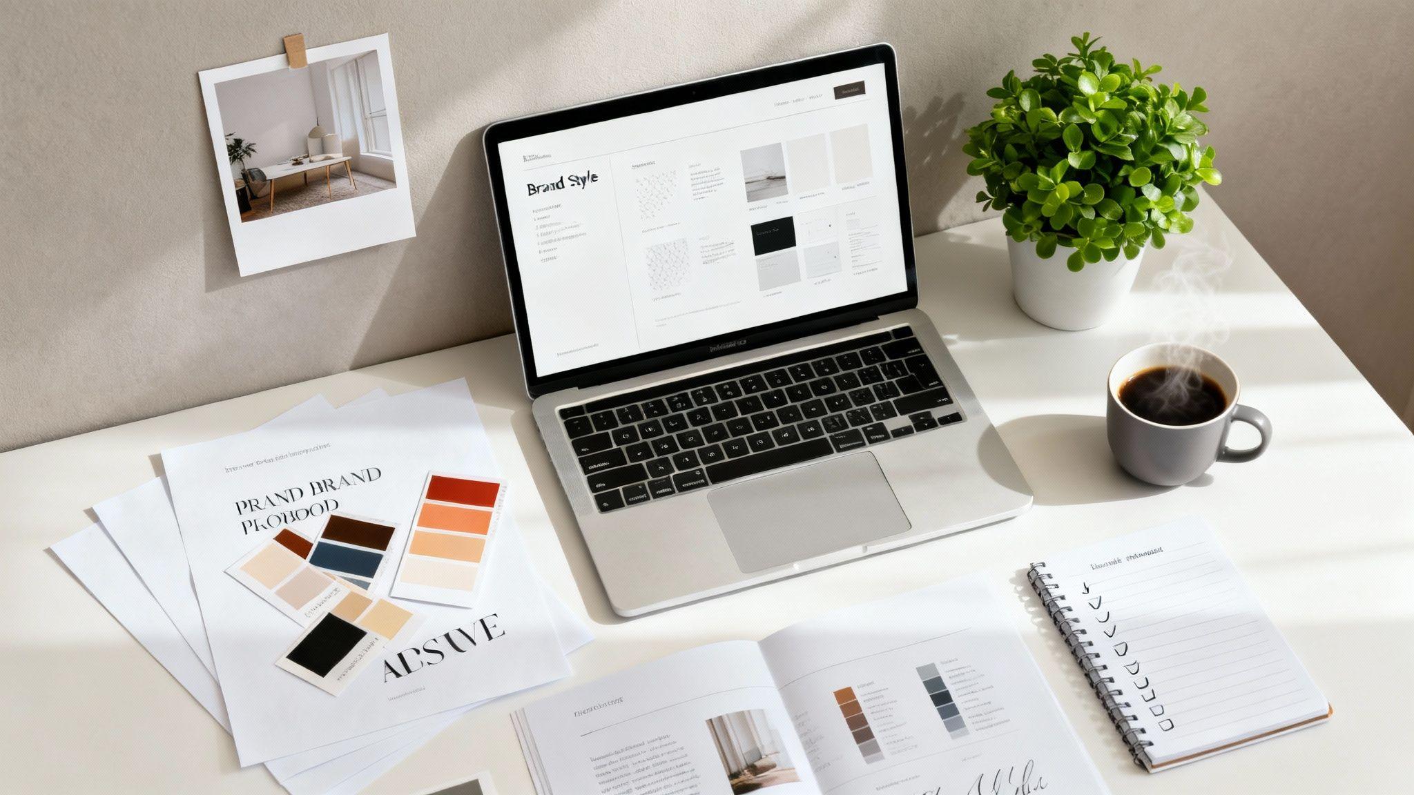 Designer's workspace with brand style guide, laptop, coffee, and color swatches on white desk
