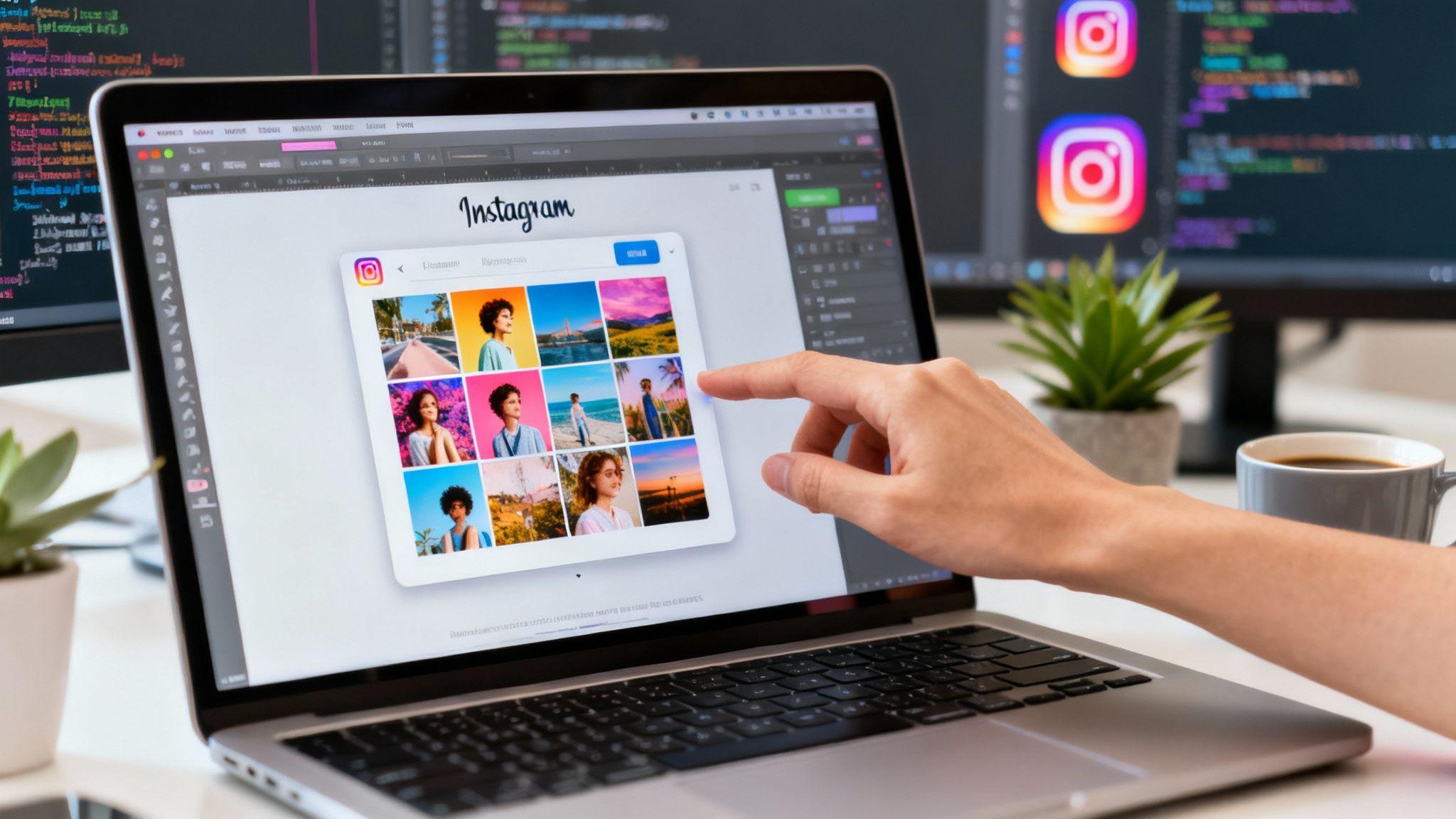 Designer pointing at Instagram feed mockup on laptop screen with code visible in background
