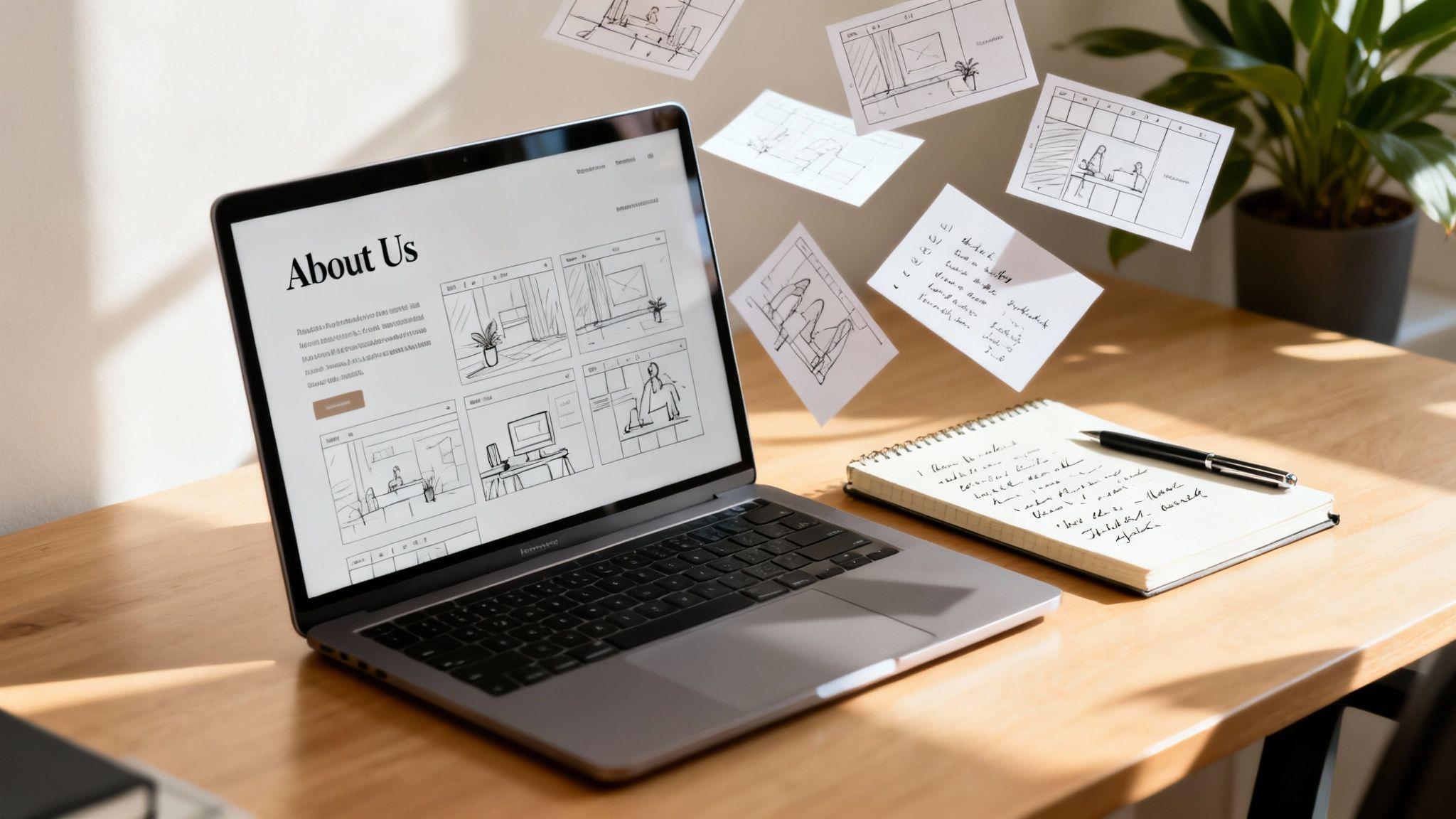 Designer workspace with laptop displaying About Us webpage, sketches, and handwritten notes on wooden desk