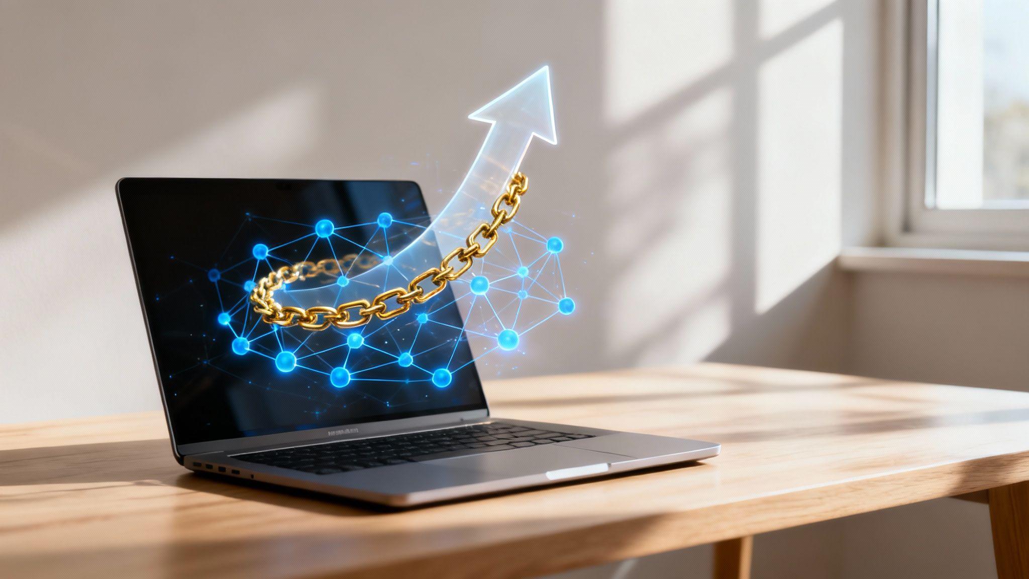 Laptop displaying network nodes with golden chain and upward arrow showing growth and connectivity in SEO optimization