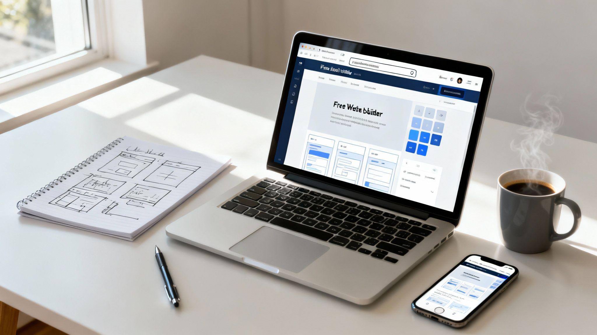 Web designer workspace with laptop displaying website builder interface, notebook sketches, smartphone, and coffee mug on