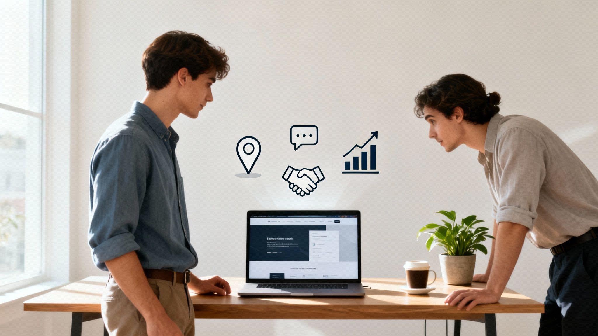 Two professionals reviewing business strategy on laptop with growth icons representing location, communication, partnership,