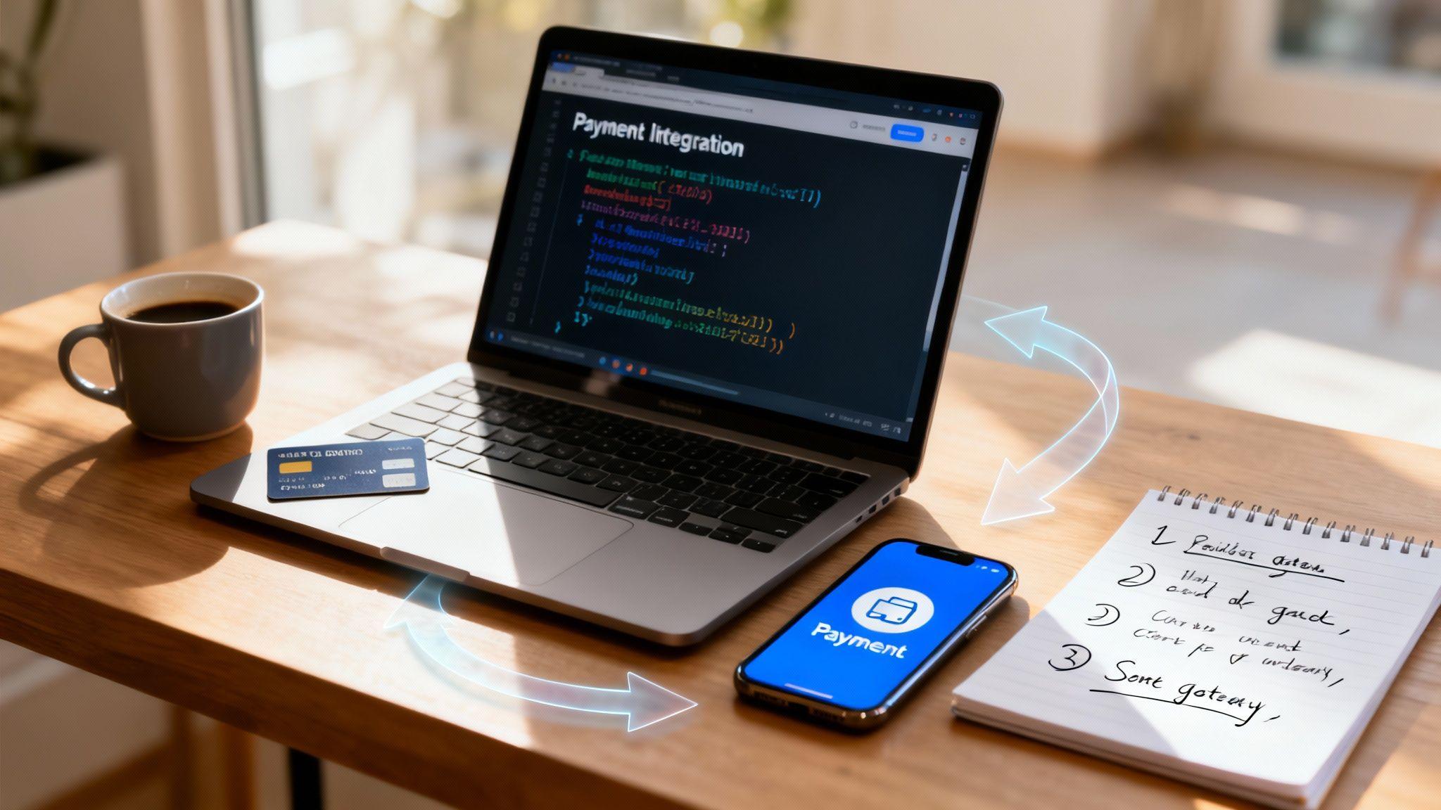 Developer workspace showing payment gateway integration code on laptop with payment app on phone and credit card