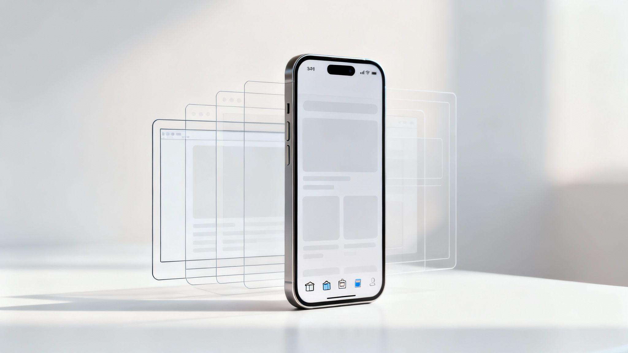 Smartphone displaying layered wireframe screens showing mobile app interface design and layout structure.