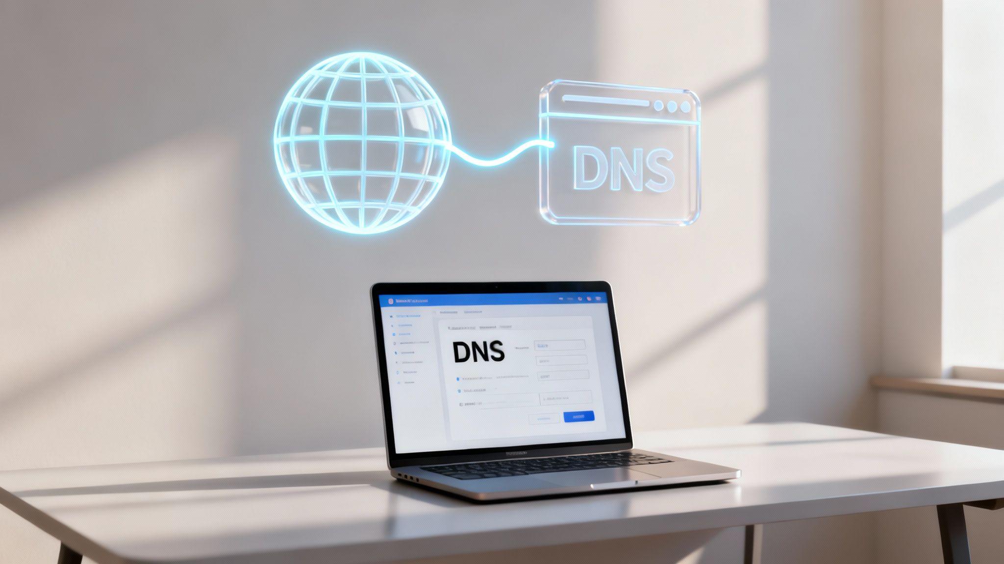 Laptop displaying DNS settings connected to globe icon representing domain connection and internet connectivity