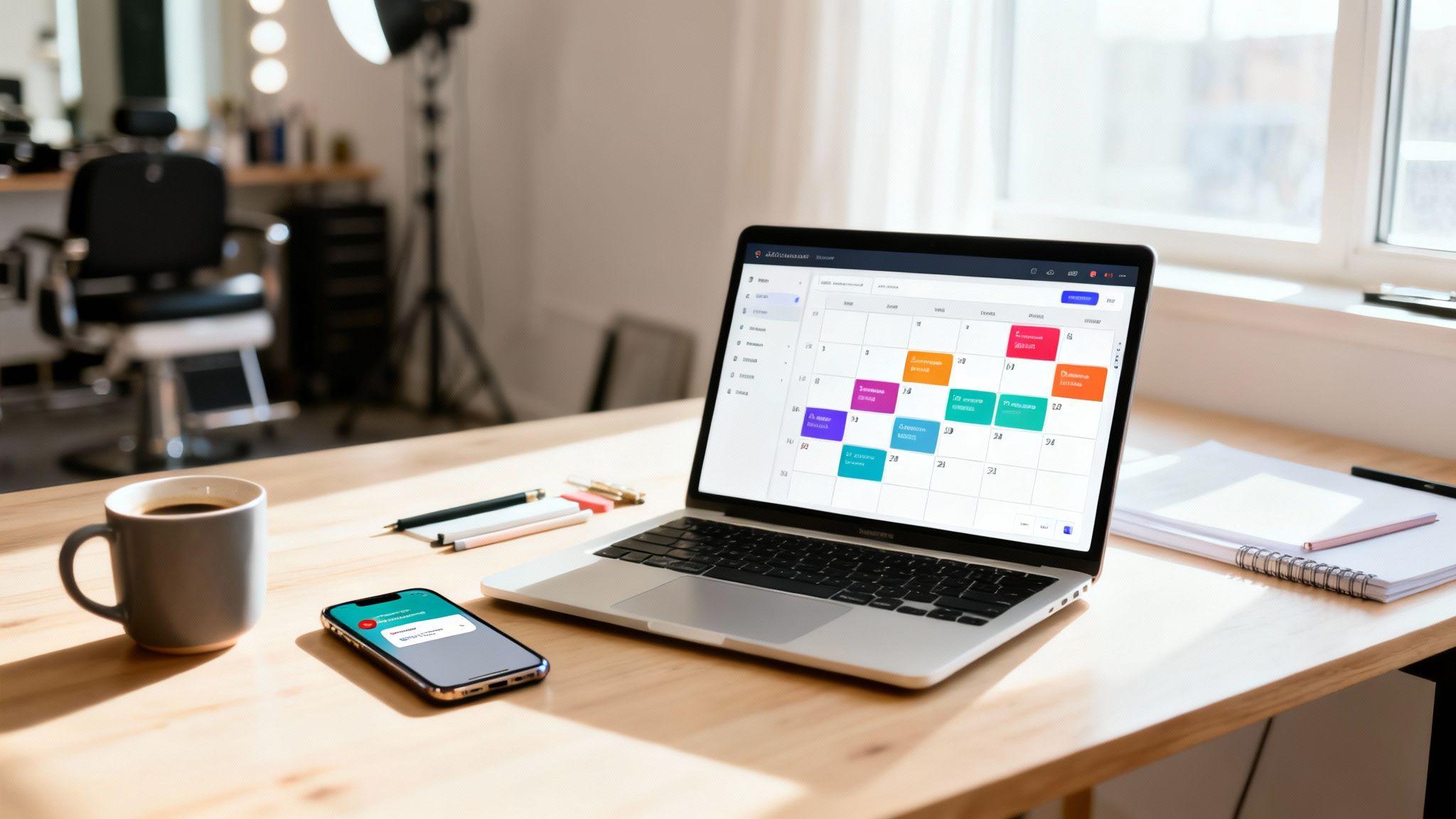 Laptop displaying colorful calendar scheduling software on wooden desk with coffee cup and smartphone in modern office