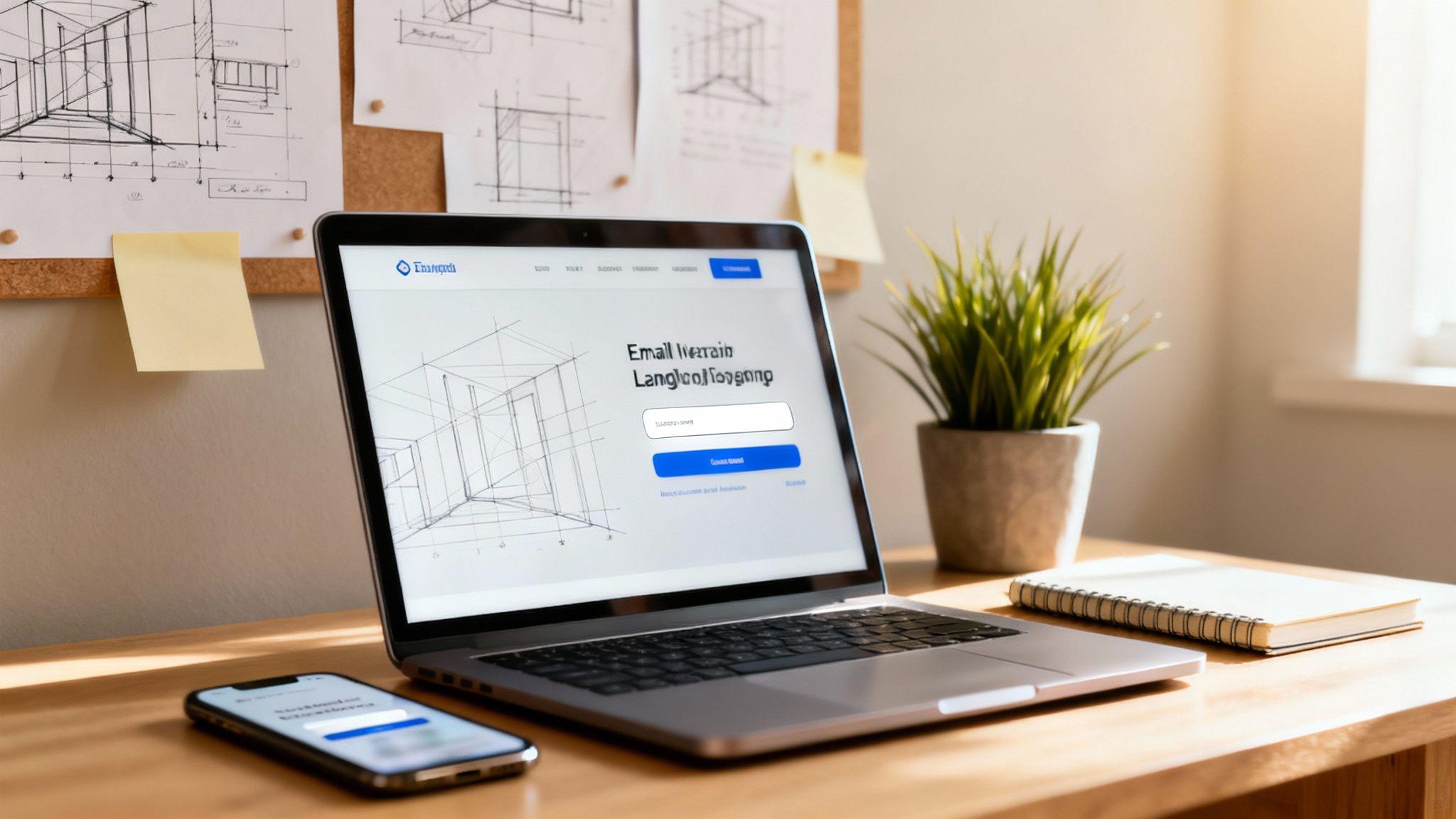 Designer workspace with laptop displaying email signup form, architectural sketches, plant, and phone on wooden desk.