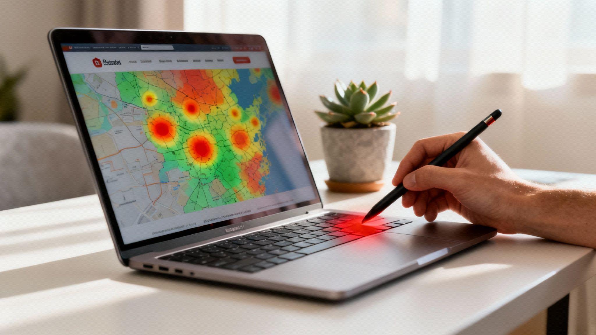 Person using stylus on laptop displaying colorful heat map visualization with red and yellow intensity zones on geographic