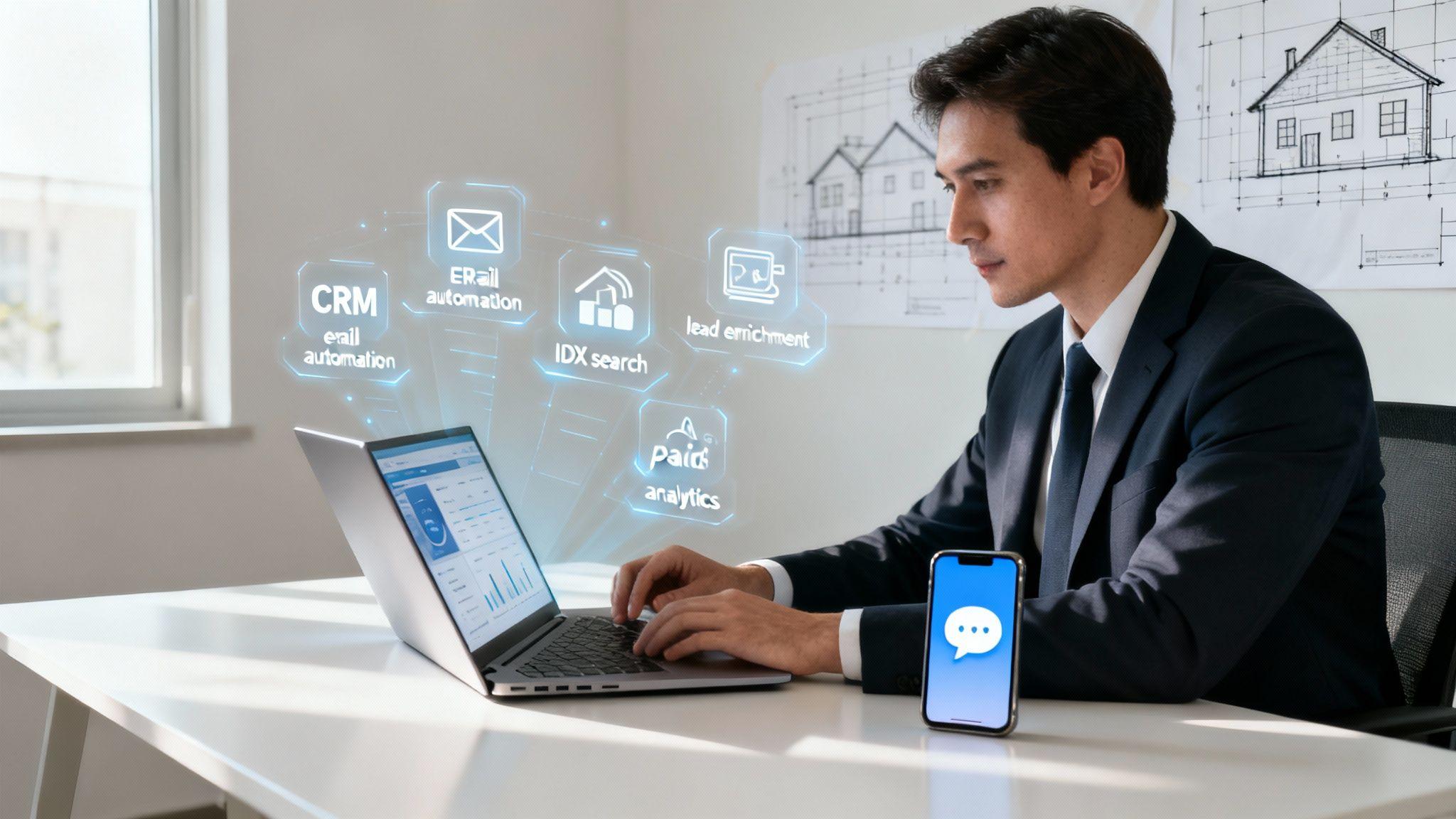 Businessman using laptop with holographic real estate marketing tools icons including CRM, email automation, and lead