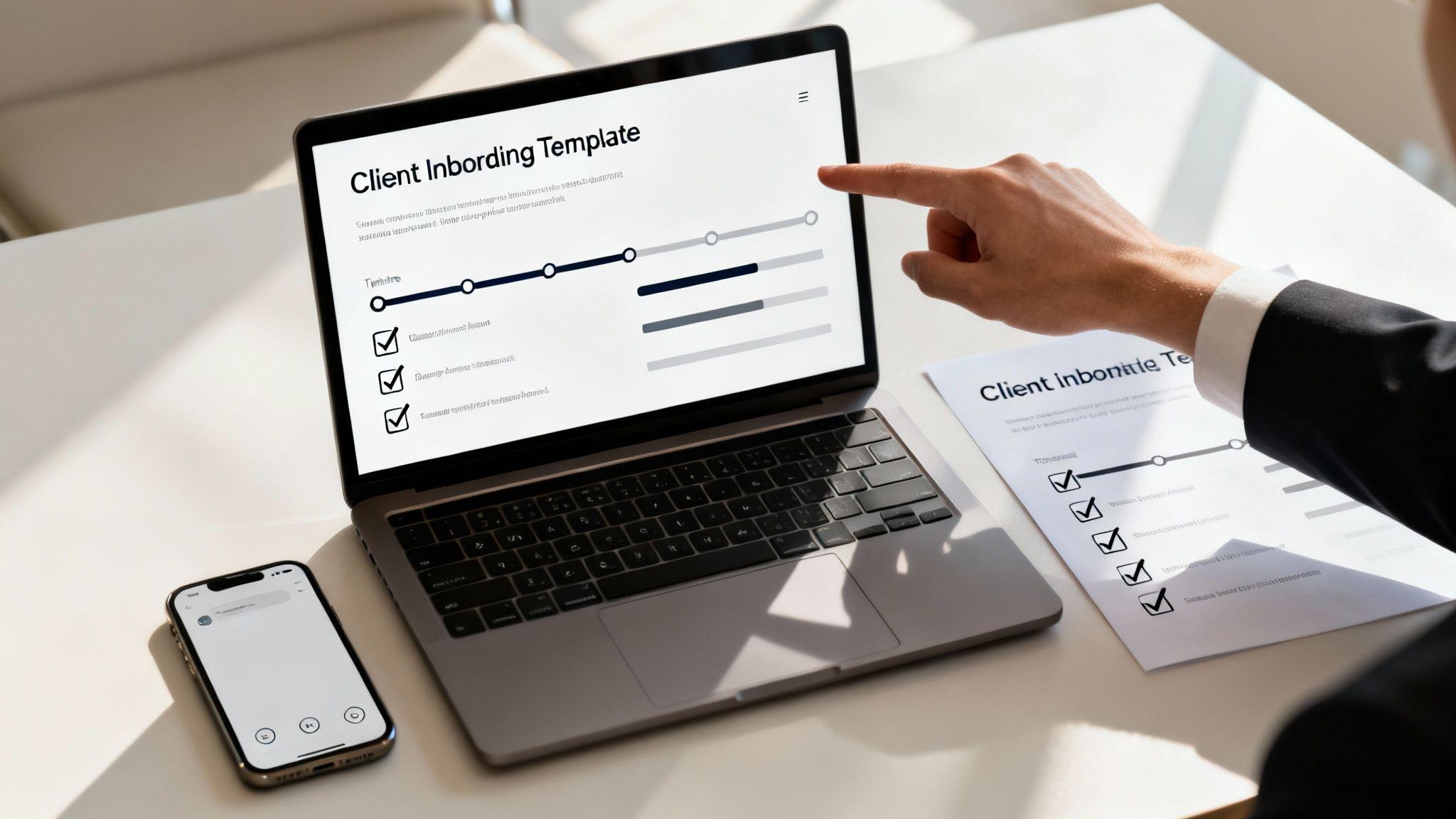 Professional reviewing client onboarding template on laptop with printed checklist and smartphone on desk