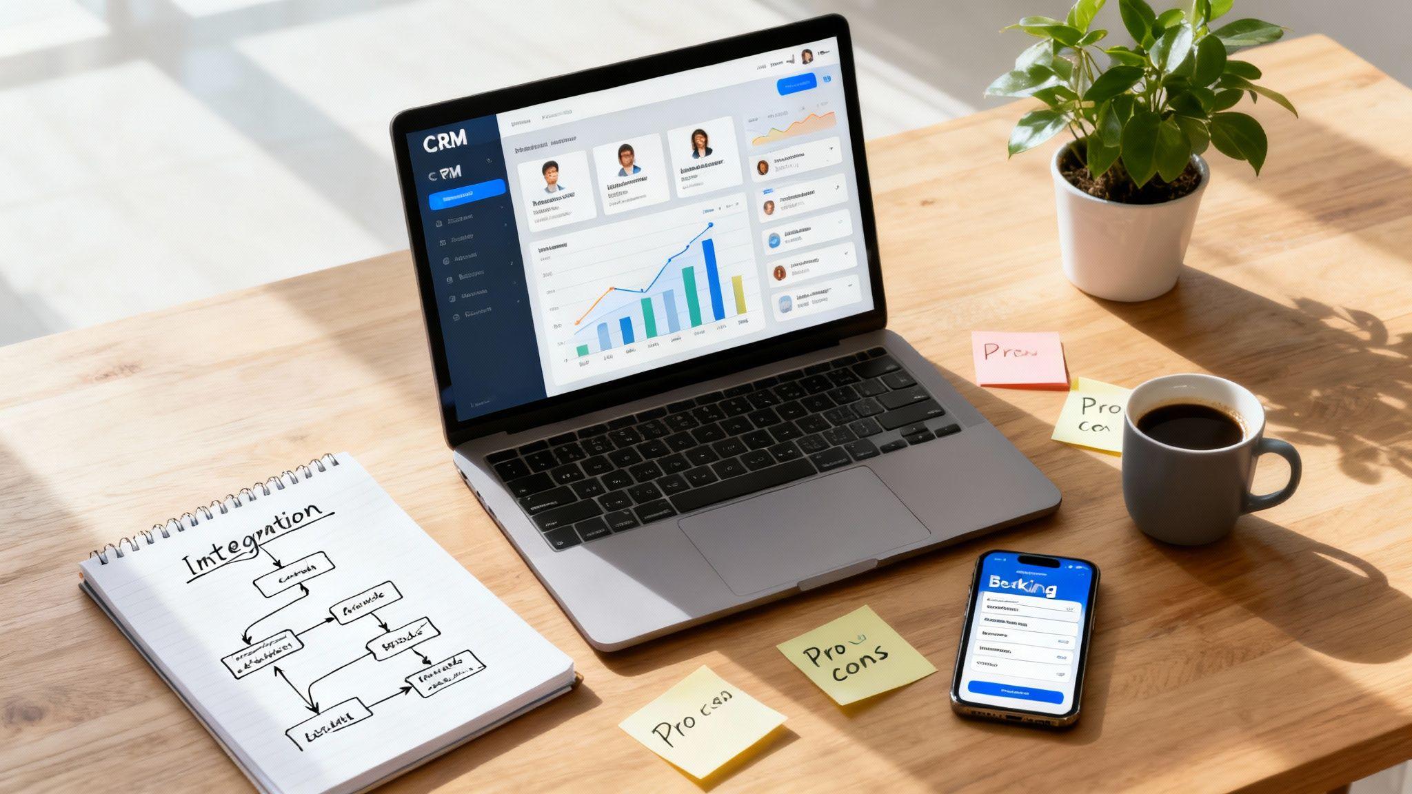 CRM dashboard displayed on laptop with analytics charts, team profiles, and integration planning notes on wooden desk