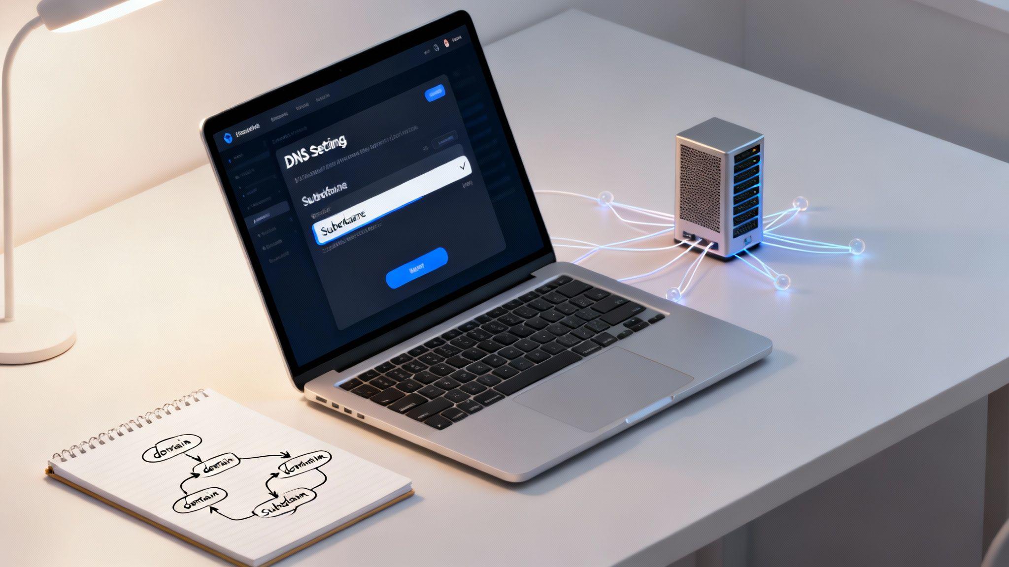 Laptop displaying DNS settings with subdomain options and server connected by digital network lines on desk with planning