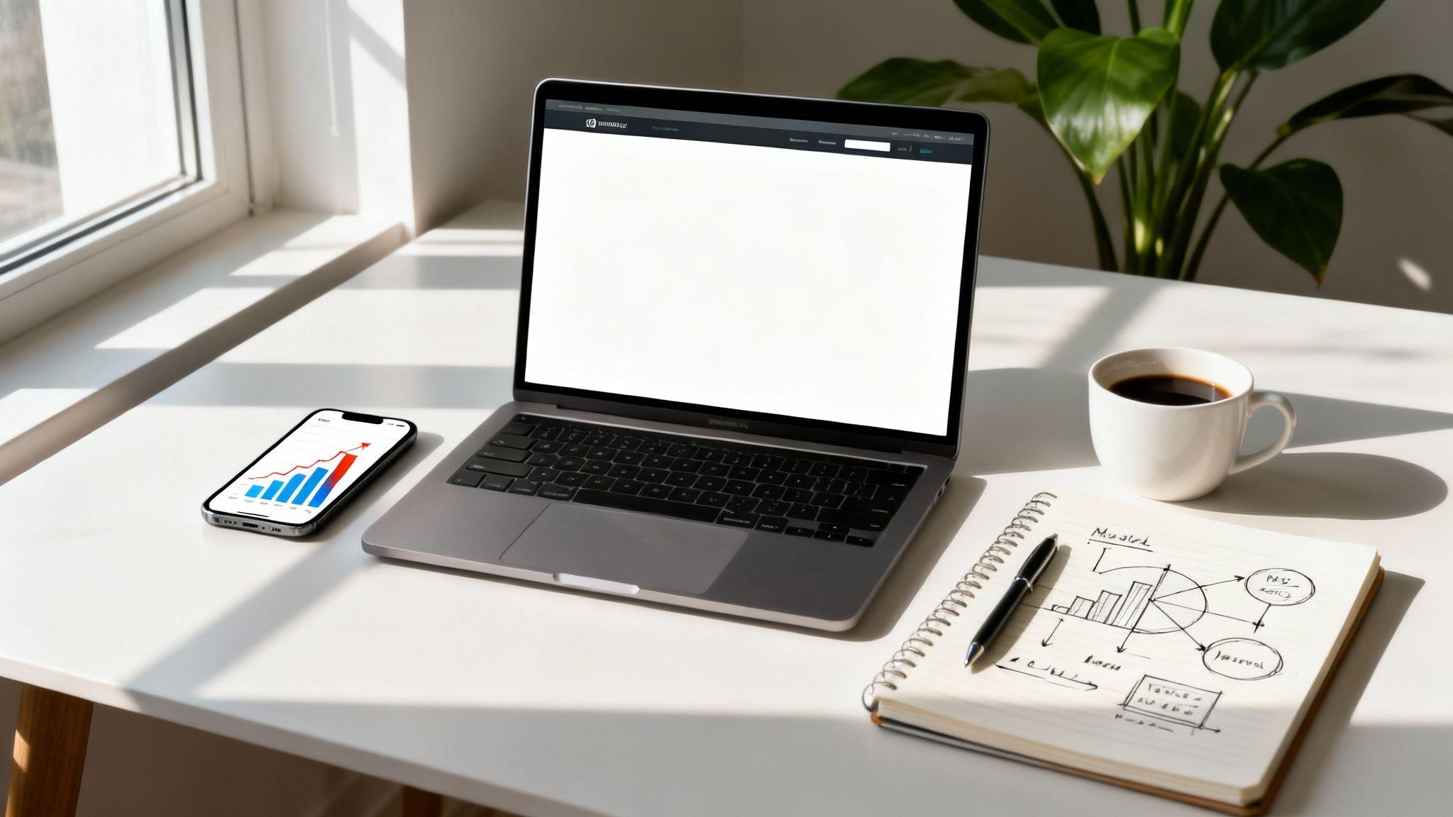Modern workspace with laptop, smartphone showing analytics, coffee cup, and business sketches in notebook by window with