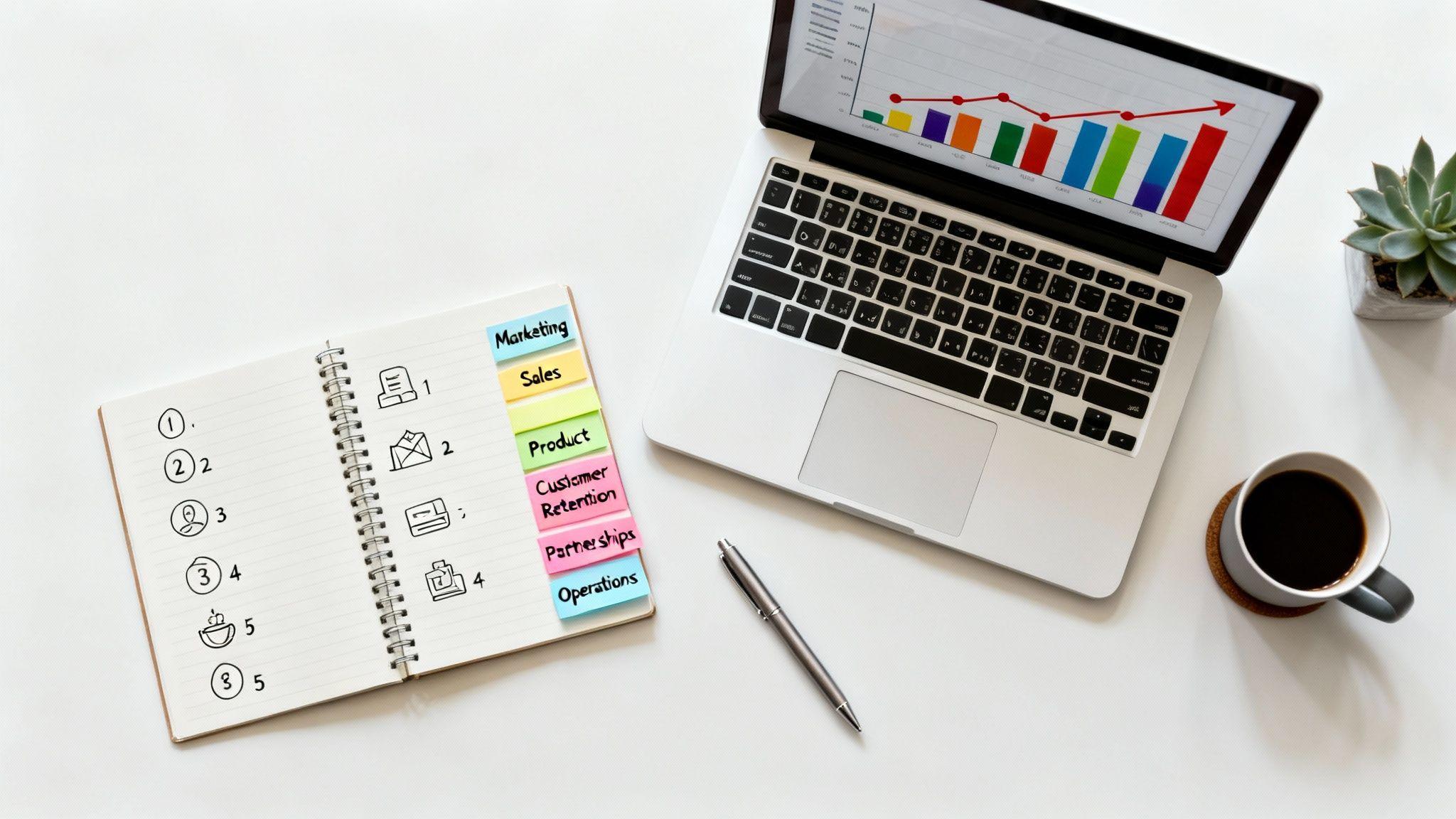 Business planning workspace with laptop analytics, notebook sketches, sticky notes organizing marketing, sales, product, and