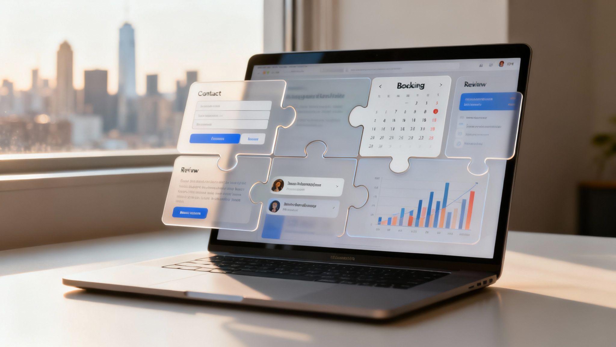 Laptop displaying website interface with puzzle piece UI components showing contact form, booking calendar, reviews, and