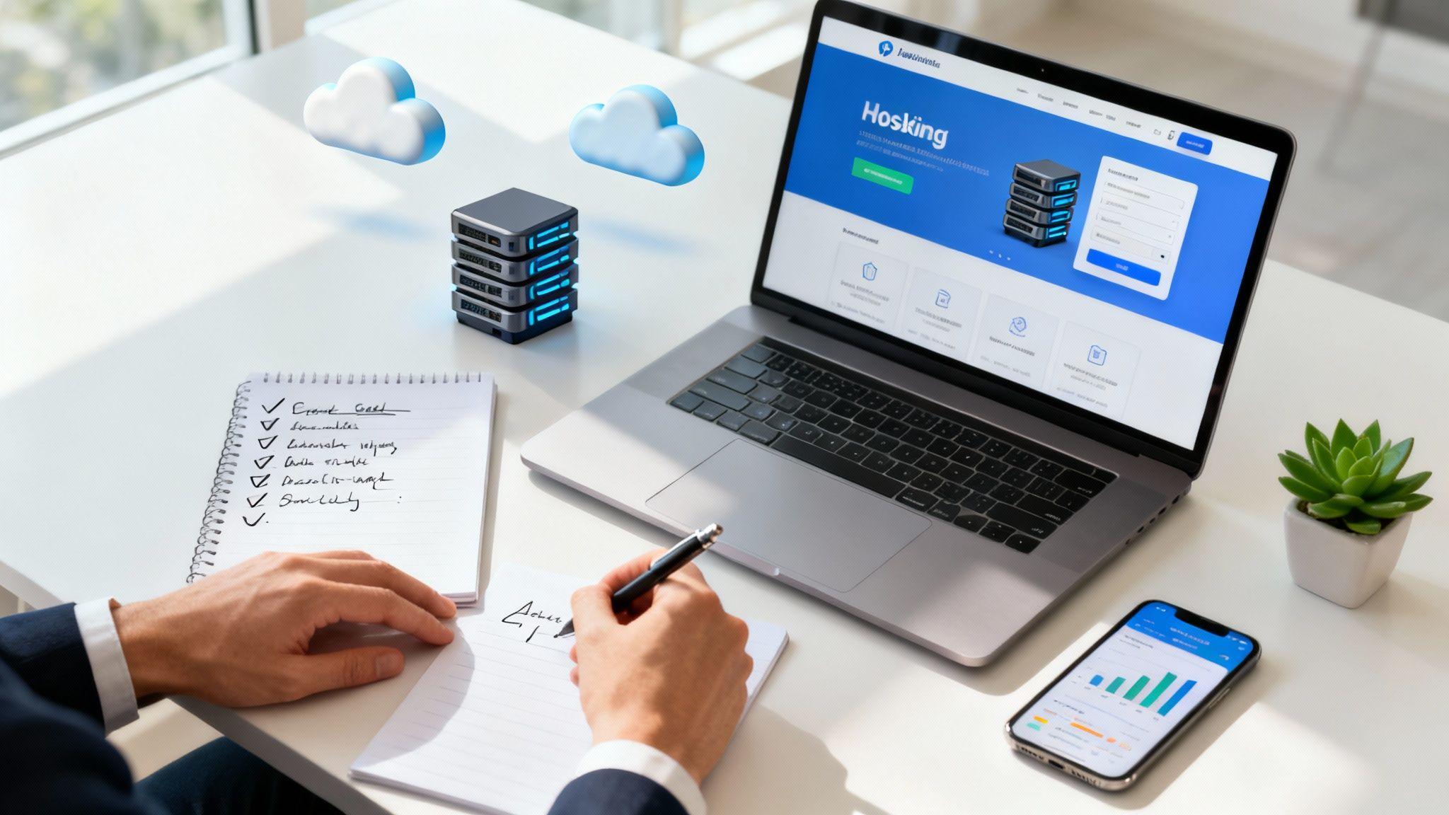 Professional workspace showing web hosting setup with server infrastructure 3D model, laptop displaying hosting website, and