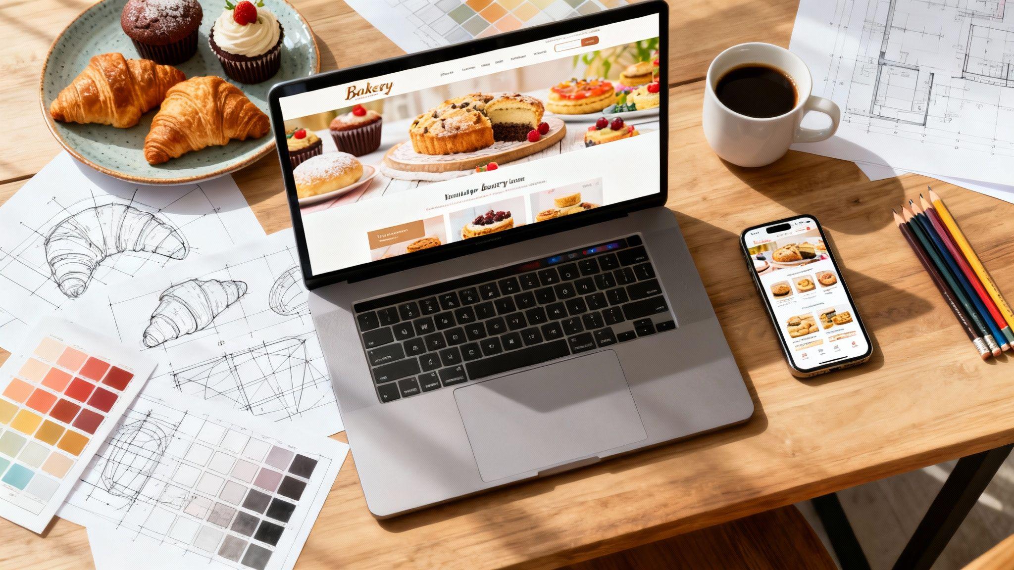 Bakery website design displayed on laptop with sketches, color swatches, croissants, and coffee on wooden desk.