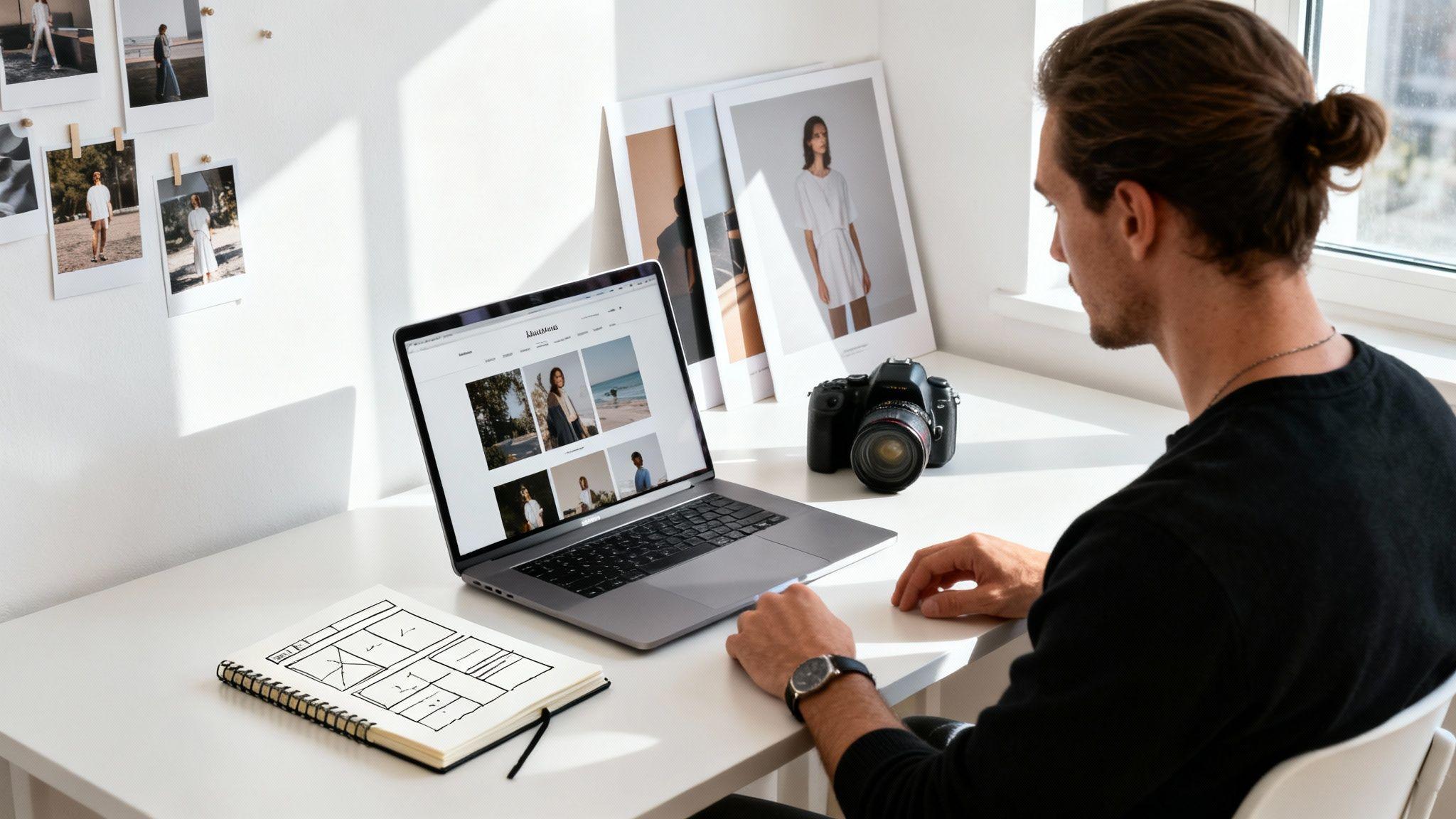 Photographer reviewing portfolio on laptop with camera, printed photos and storyboard sketches on white desk