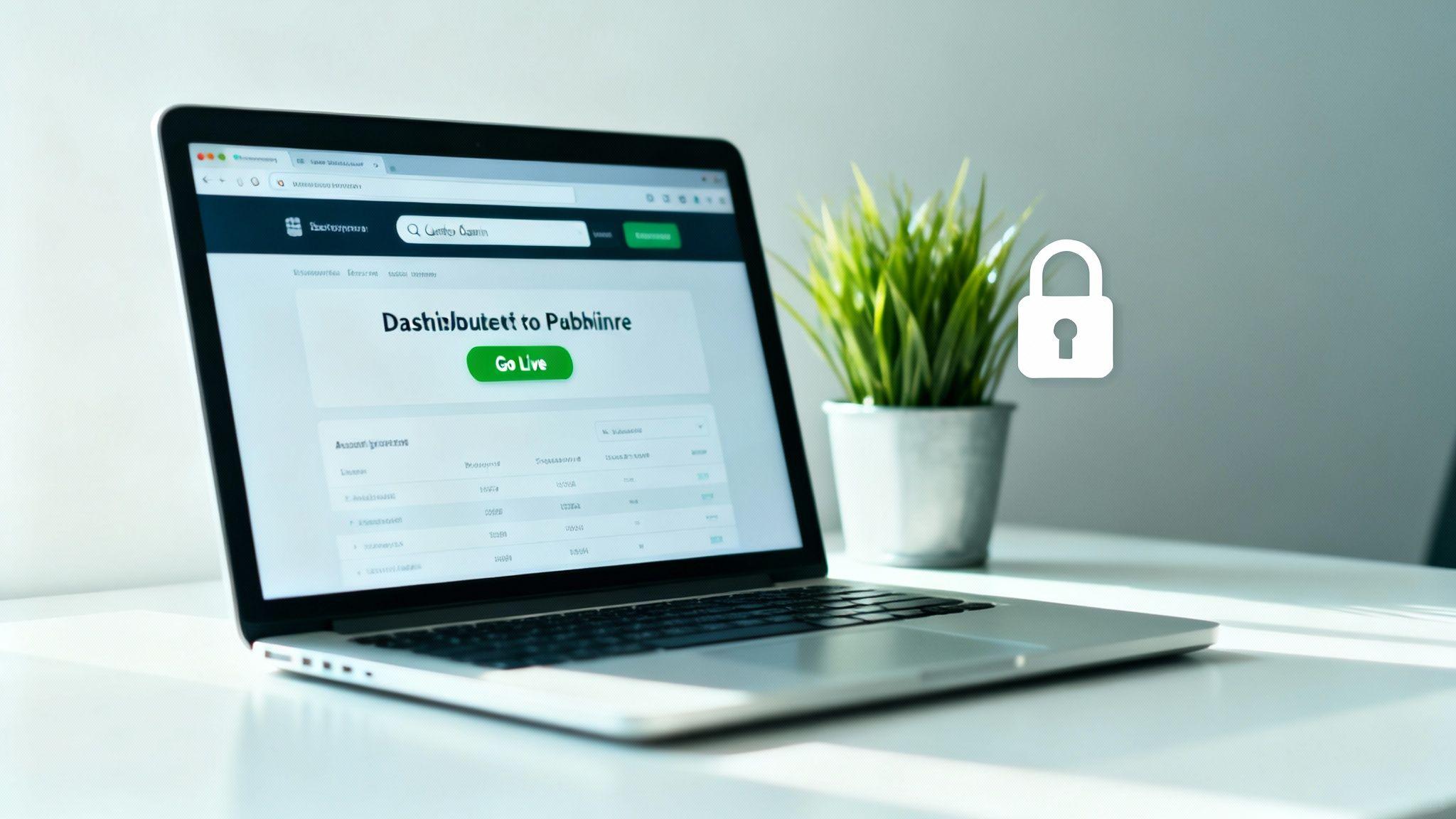 Laptop displaying a dashboard with "Dashboard to Publish" heading and green "Go Live" button, with lock icon and plant on