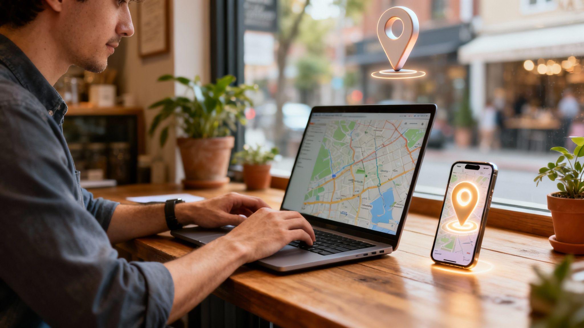 Man using laptop and smartphone with GPS location pins and map interface for local business navigation