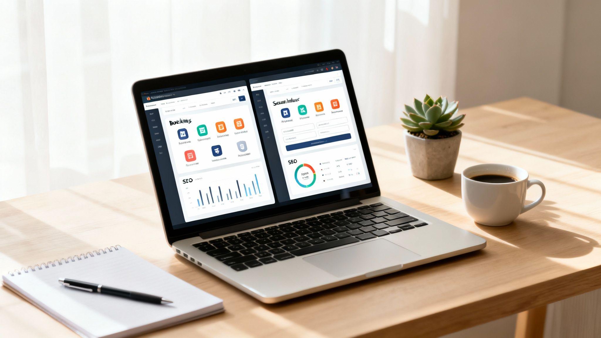 Laptop displaying website builder dashboard with SEO analytics and service icons on wooden desk with coffee and plant