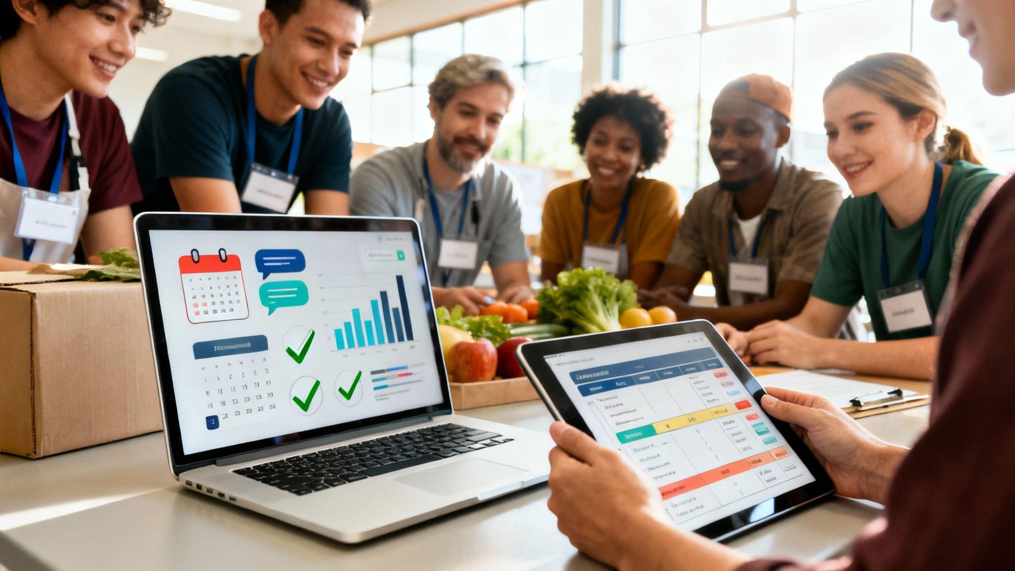 Diverse volunteer team collaborating around laptop and tablet displaying project management dashboard and charts in bright