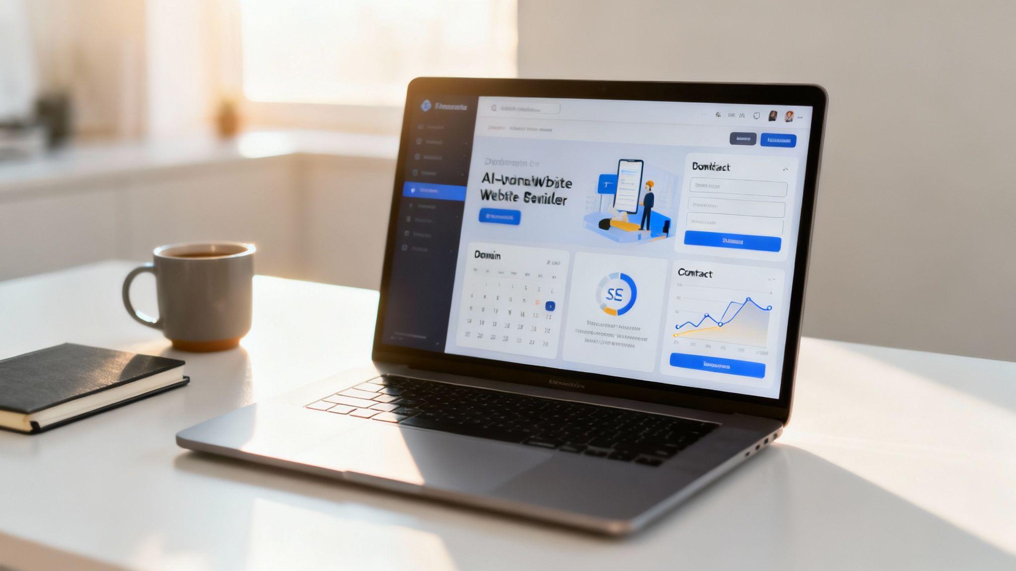 Laptop displaying website builder dashboard with AI tools, contact form, calendar, analytics charts, and contract management