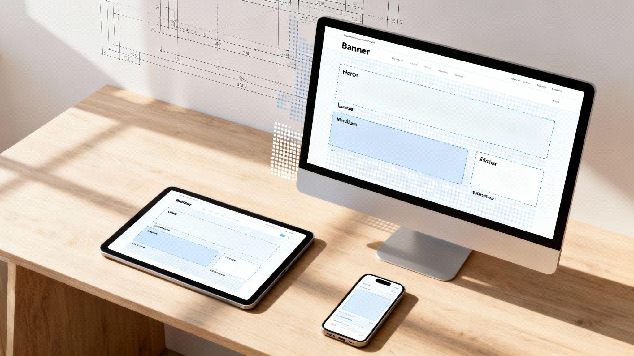 Responsive website banner design displayed across desktop monitor, tablet, and smartphone showing layout wireframes with