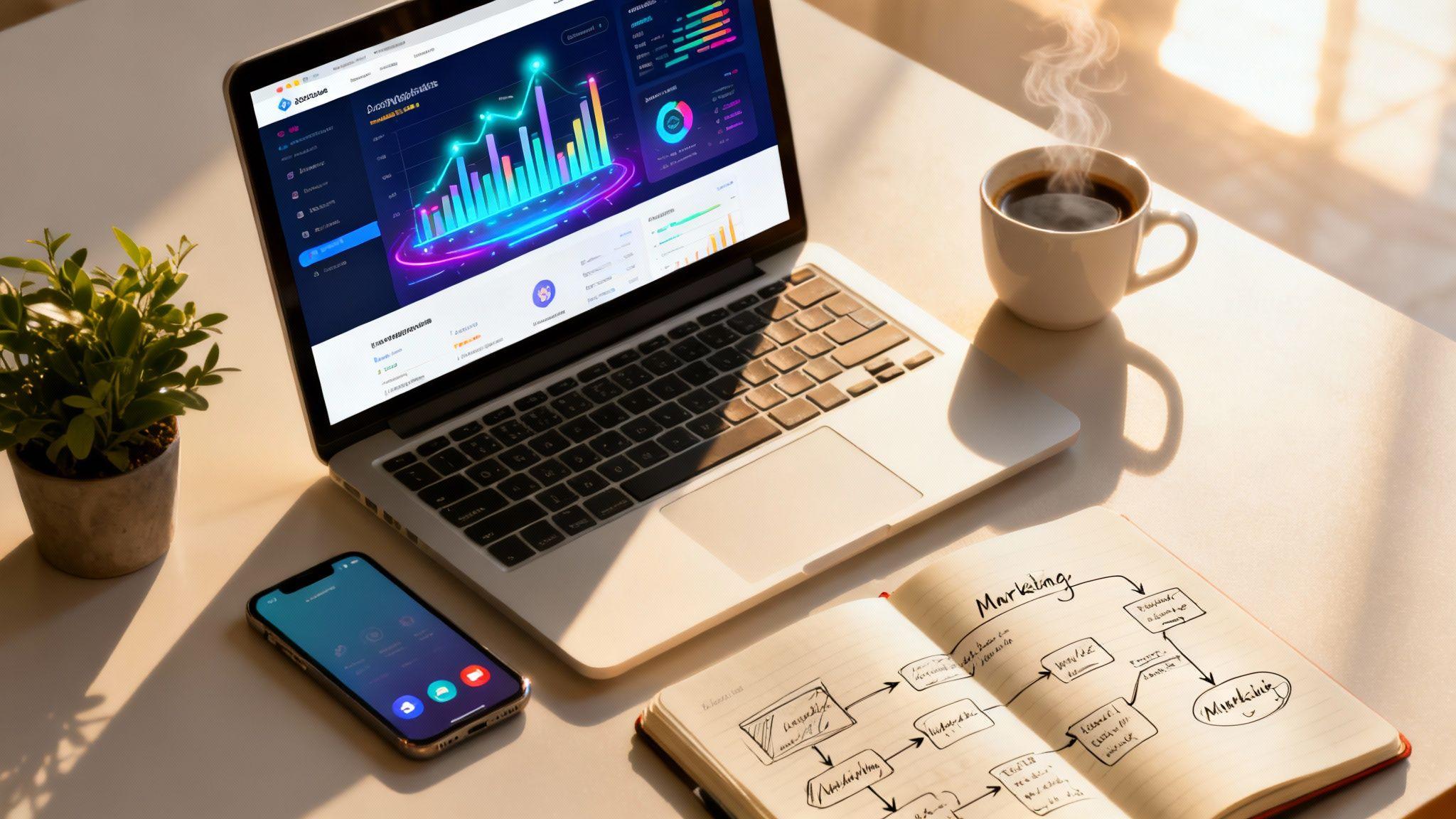 Digital marketing dashboard with analytics charts on laptop, marketing strategy flowchart in notebook, smartphone, and
