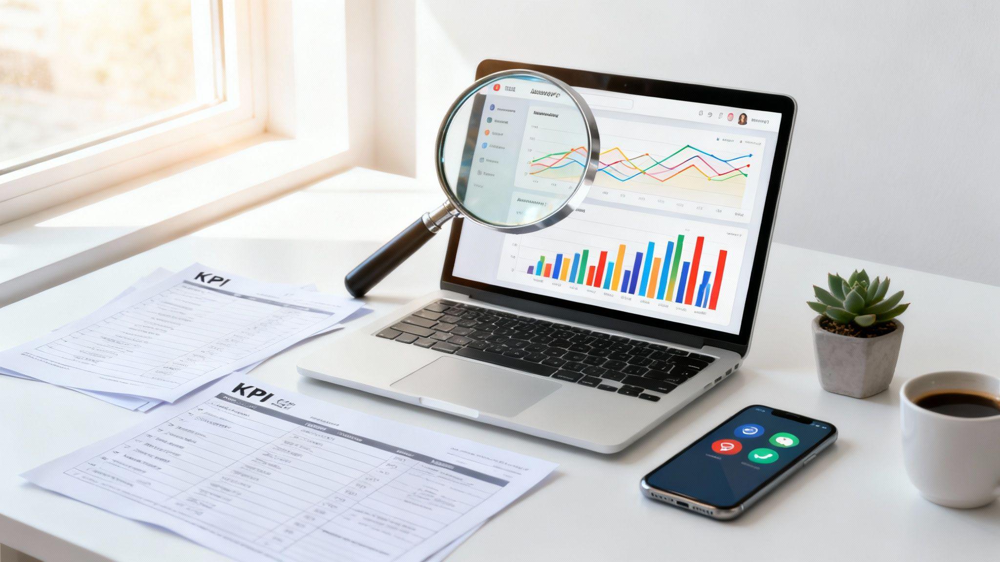 Laptop displaying analytics dashboard with colorful charts and graphs, magnifying glass, KPI documents, smartphone, and