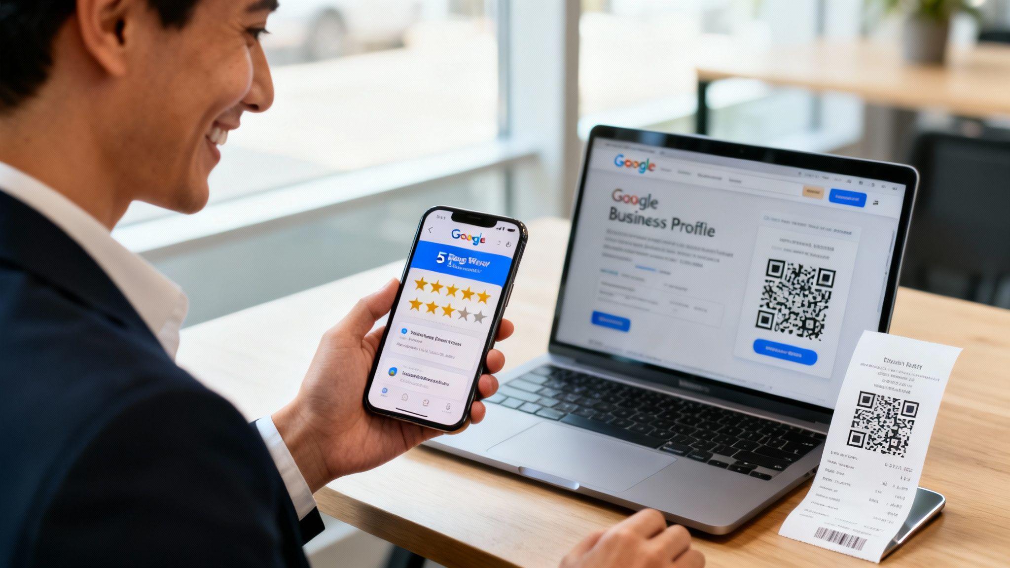 Business owner reviewing Google ratings on smartphone with business profile displayed on laptop screen