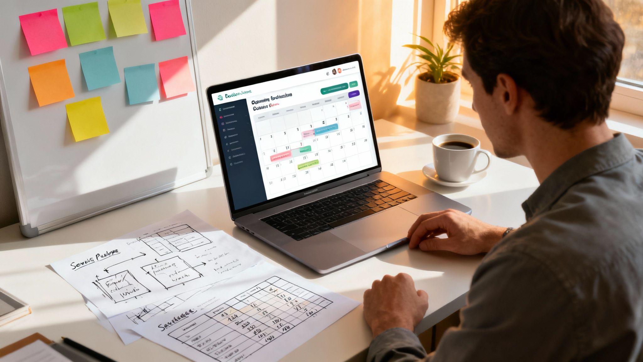 Entrepreneur planning service business with laptop calendar, sketches, and sticky notes at desk