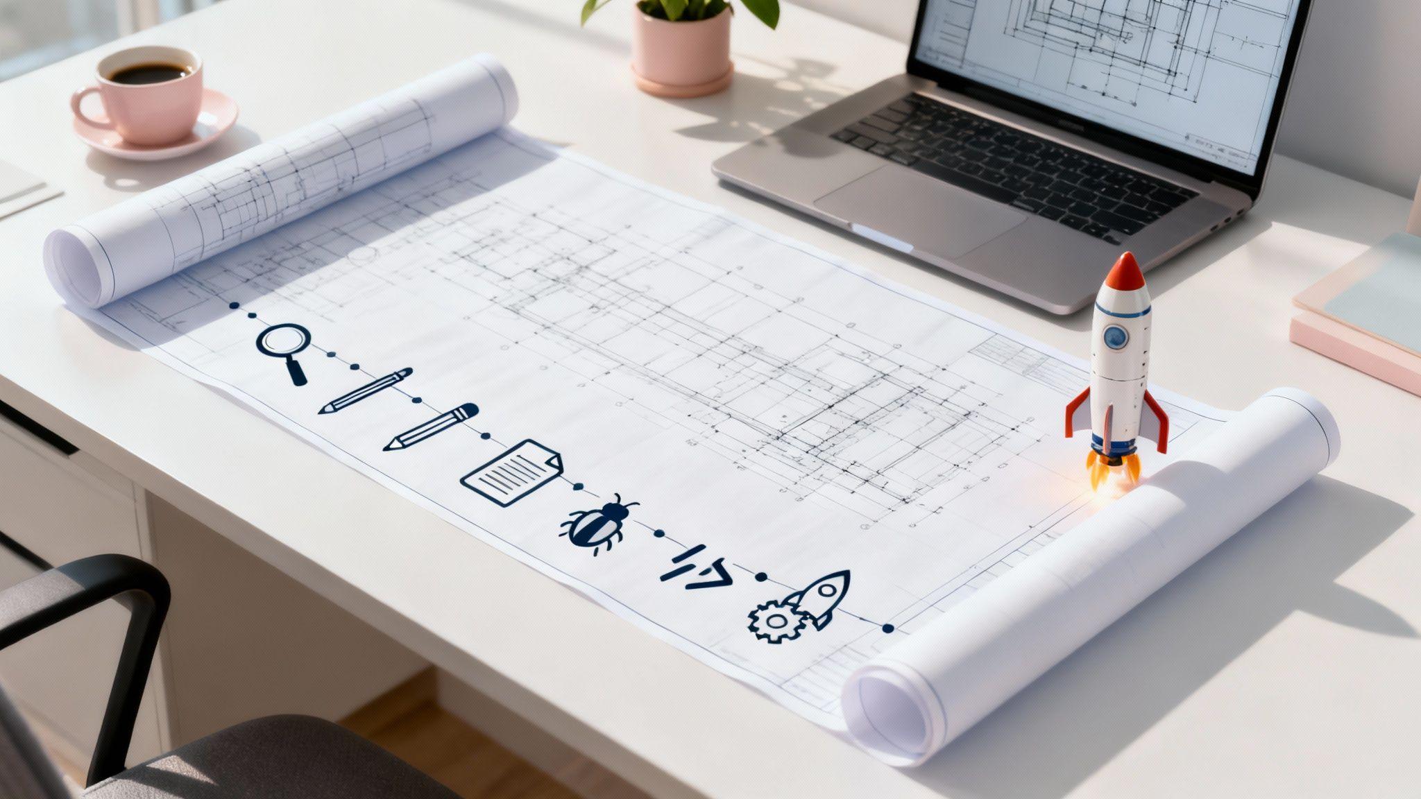 Designer's workspace with blueprint, development icons, rocket model, laptop, coffee cup, and plant on white desk